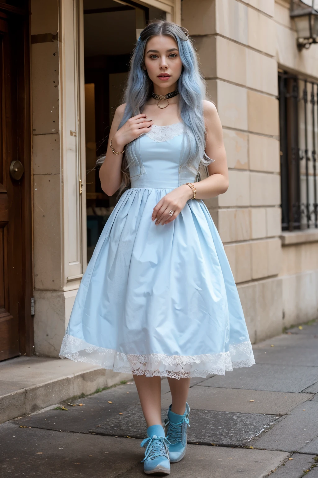 orange Lolita maxi dress)，(Long flowing light blue hair)，Exquisite jewelry all over the body，Collar，Anklets，head chain，Lace-trimmed socks，(Lolita shoes)， s the perfemeticulous portrayal of face，1 noblewoman，(Lace ct face， perfect hand， Perfect Finger， Perfect lips， perfect  eyetremely normal body， Perfect background