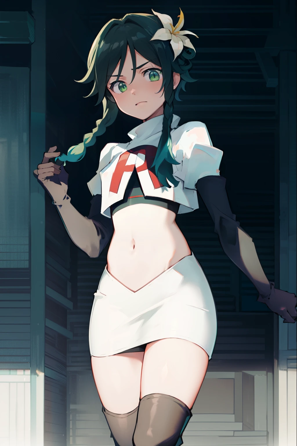 absurdres,venti,1boy, male focus, trap,black hair, green-blue hair, hair braid,hair flower,aqua green eyes,crossdressing,1boy,team rocket,team rocket uniform,white skirt,red letter R,crop top,black thigh-high boots,black elbow gloves, embarrassed