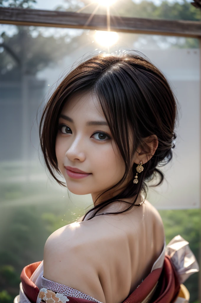 (Photoreal Stick:1.5, masutepiece:1.5, RAW shooting, 8K), (top-quality, masterpiece, 超A high resolution), morning, ((fog the lens:1.4)), ((Shoot with blur:1.5)), ((sunrises, Sunlight coming in from behind:1.6, Strong sunlight spreads across the screen:1.6)), ((Strong sunlight shines on a woman:1.7)), ((The entire screen appears white and hazy due to strong sunlight.:1.8)), ((The woman looks blurry due to the strong sunlight:1.9)), Precincts of the shrine, Face Sharp Focus:1.3, Professional camera work:1.3, Highly detailed skin and facial texture:1.3, Grow Light Effect, The ultra-detailliert:1.3, 1girl in, Fair skin, (Sense of clarity:1.4, a small face), Extremely beautiful face:1.5, (Sense of clarityを感じる目:0.9, looking distantly), A smile:1.0, i love you completely:0.8, (Slightly open mouth:0.4, Sense of clarityを感じる口当たり:0.7), 二重まぶた, Dark brown medium hair, necklace and earrings, (japanese kimono, off shoulders)