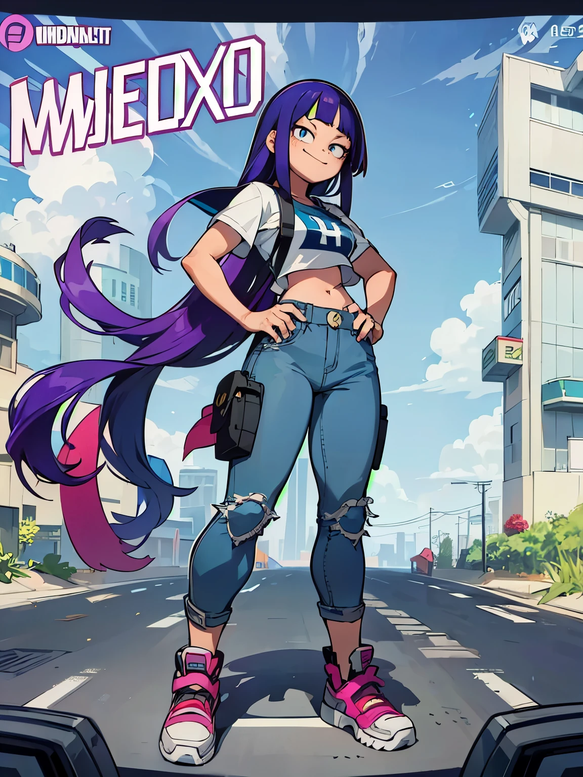 (((My Hero Academia Style))), 1girl, female, Miko Kubota, (Full Body Photo:1.5), purple girl, Light skin female, light-skinned girl, blue eyes, long hair, Violet blue hair with magenta shine, hime cut hair, asymmetrical bangs, long side bangs, confident smile, medium breasts, wide hips, round hips, wide thighs, thick thighs, straight jean mid-rise pants, straight jean pants, denim pants, mid-rise pants, blue and white long-sleeved cropped t-shirt, long-sleeved cropped t-shirt, short blue and white t-shirt, short t-shirt, blue sports shoes, sports shoes, Perfect anatomy, perfect hands, super detailed, standing, standing pose, cowboy shot, cowboy shot pose, peace sign, peace sign pose, Beach road background, beach road, road background, beach background, ((Glitch Techs series Style)),