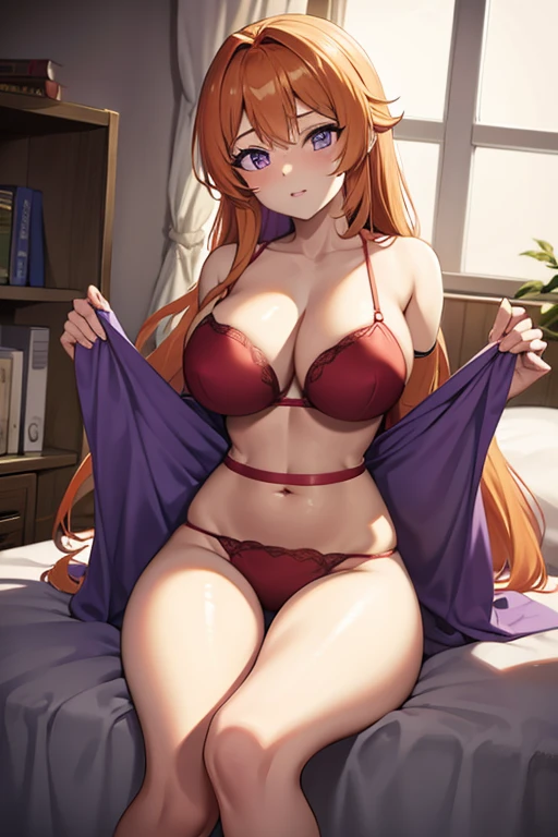 orange hair, purple eyes, sexy, large breasts, white underwear, white lingerie, a hotel bedroom