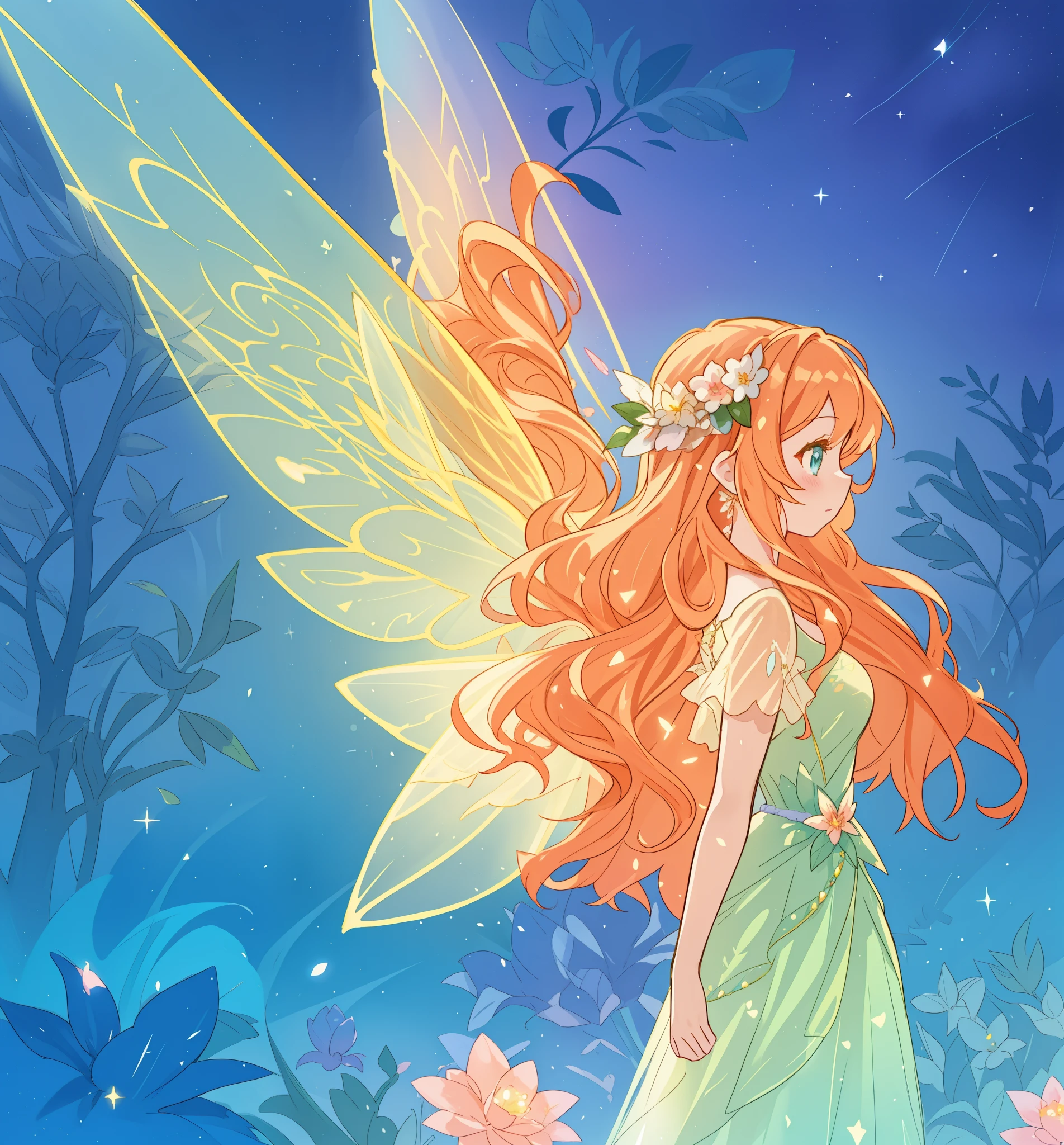 beautiful girl in flowing ballgown dress, (glowing fairy wings), glowing flowing ballgown, long wavy hair, sparkling fairy wings, watercolor illustration, flowers and colorful plants, inspired by Glen Keane, inspired by Lois van Baarle, disney art style, by Lois van Baarle, glowing aura around her, by Glen Keane, jen bartel, glowing lights! digital painting, flowing glowing hair, glowing flowing hair, beautiful digital illustration, fantasia otherworldly landscape plants flowers, beautiful, masterpiece, best quality, anime disney style