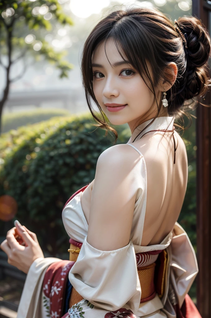 (Photoreal Stick:1.5, masutepiece:1.5, RAW shooting, 8K), (top-quality, masterpiece, 超A high resolution), morning, Precincts of the shrine, ((fog the lens:1.4)), ((Shoot with blur:1.5)), ((sunrises, Sunlight coming in from behind:1.6, Strong sunlight spreads across the screen:1.6)), ((Strong sunlight shines on a woman:1.7)), ((The entire screen appears white and hazy due to strong sunlight.:1.8)), ((The woman looks blurry due to the strong sunlight:1.9)), Face Sharp Focus:1.3, Professional camera work:1.3, Highly detailed skin and facial texture:1.3, Grow Light Effect, The ultra-detailliert:1.3, 1girl in, Fair skin, (Sense of clarity:1.4, a small face), Extremely beautiful face:1.5, (Sense of clarityを感じる目:0.9, looking distantly), A smile:1.0, i love you completely:0.8, (Slightly open mouth:0.4, Sense of clarityを感じる口当たり:0.7), 二重まぶた, Dark brown medium hair, necklace and earrings, (japanese kimono, off shoulders)
