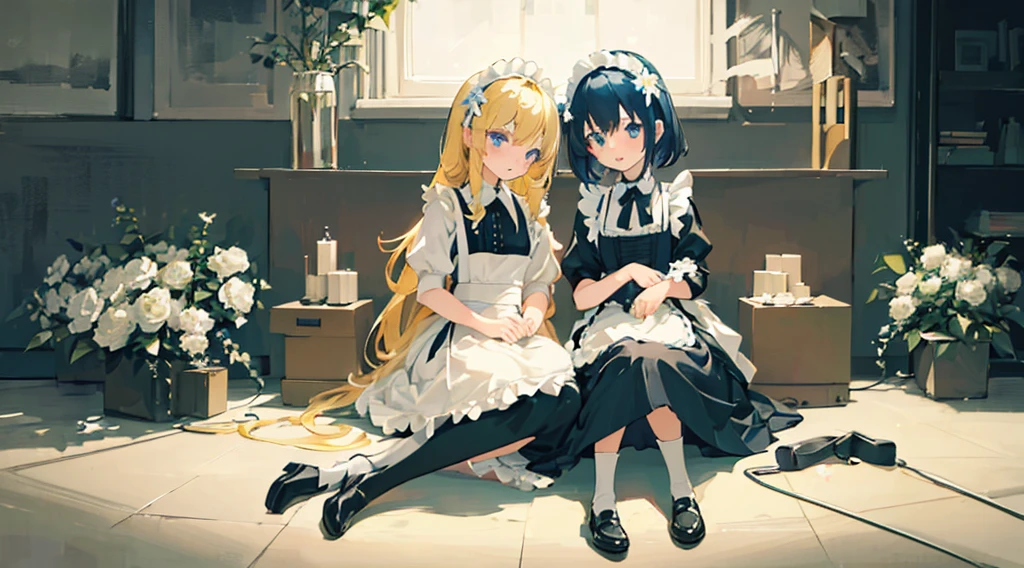 (2 girls, maid, blonde hair, blue eyes, cute, kawaii), (white flower), (low contrast, flat color, limited palette)