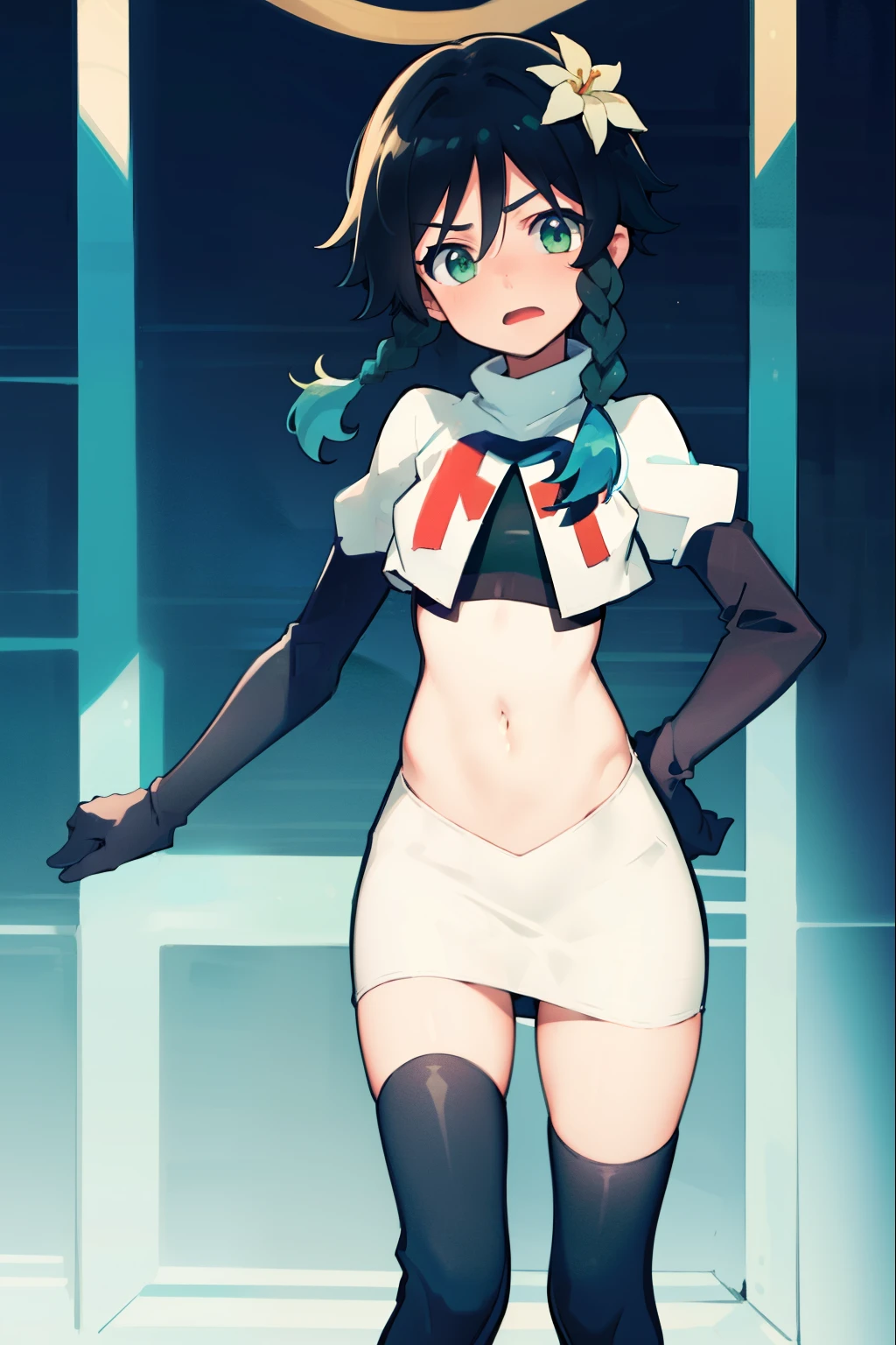 absurdres,venti,1boy, male focus, trap,black hair, green-blue hair, hair braid,hair flower,aqua green eyes,crossdressing,1boy,team rocket,team rocket uniform,white skirt,red letter R,crop top,black thigh-high boots,black elbow gloves, embarrassed