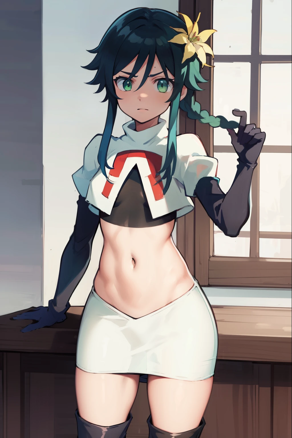 absurdres,venti,1boy, male focus, trap,black hair, green-blue hair, hair braid,hair flower,aqua green eyes,crossdressing,1boy,team rocket,team rocket uniform,white skirt,red letter R,crop top,black thigh-high boots,black elbow gloves, embarrassed