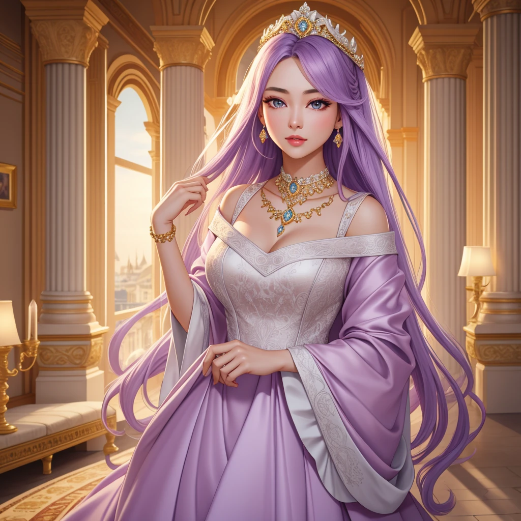Noble goddess,posing elegantly,Stately atmosphere,face to the viewer,looking to the camera,Best quality、masterpiece、A high resolution、1 girl、Porcelain white silk porcelain dress,Nice face、busty figure,hair adornments、looking at viewert、cparted lips、shift dresses、hair adornments、choker necklace、jewely、light purple long hair、pretty face、(Keep one's mouth shut),Maintain integrity,standing on your feet,Ancient mythology、Ancient palaces,Luxurious and detailed background、hentail realism、profesional lighting、edge lit、bicolor lighting、(highdetailskin:1.2)、8K, Ultra HD、Digital SLR、softlighting、high high quality,Volumetriclighting,photore,High resolution 4K,8K,blur backgroun,hight contrast,largeaperture,automatic white balance,cinematic compositions,realisticlying,(full body),long leges。