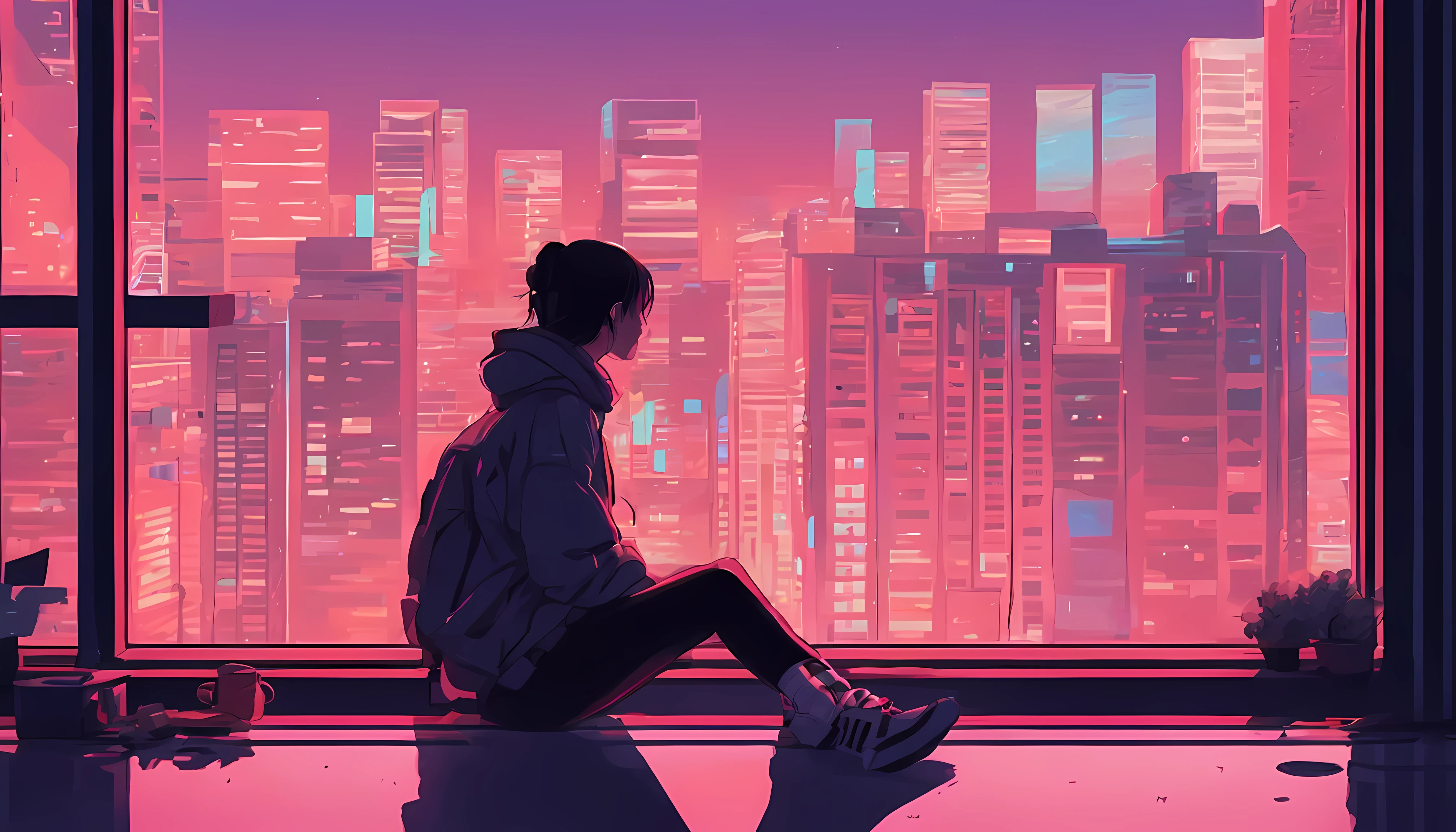 anime style picture of a person sitting on a window sill with a city view, cyberpunk pixel art, lo-fi retro videogame, lofi artstyle, inspired by Alena Aenami, by Alena Aenami, style of alena aenami, art of alena aenami, lofi art, 8 0 s anime vibe, lo-fi art