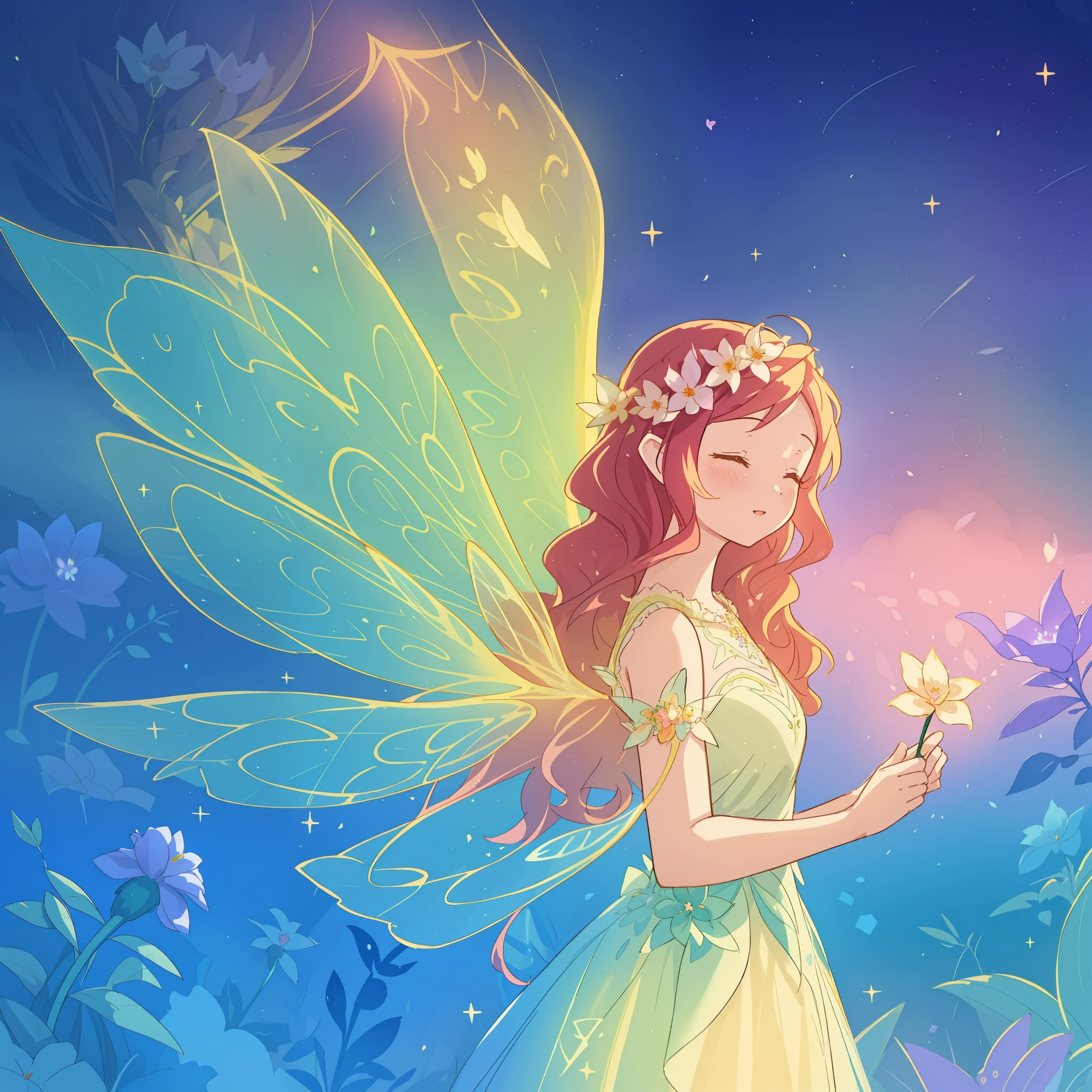 beautiful girl in flowing ballgown dress, (glowing fairy wings), glowing flowing ballgown, long wavy hair, sparkling fairy wings, watercolor illustration, flowers and colorful plants, inspired by Glen Keane, inspired by Lois van Baarle, disney art style, by Lois van Baarle, glowing aura around her, by Glen Keane, jen bartel, glowing lights! digital painting, flowing glowing hair, glowing flowing hair, beautiful digital illustration, fantasia otherworldly landscape plants flowers, beautiful, masterpiece, best quality, anime disney style