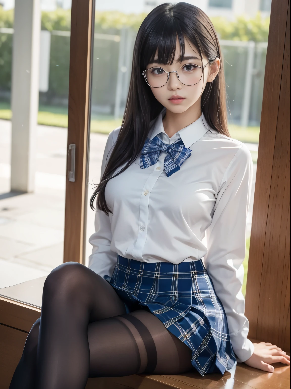 (I see underwear)、((細いThe eye))、((細いThe eye))、((細いThe eye))、(8K、生a picturegraphy、top-quality、masterpiece:1.2),、Has a small、(flat breast)、(flat breast)、(flat breast)、(flat breast)、(flat breast)、(being thin)、light skinned、skin whitening、Dark look、Rasping,glamor,light skinned肌,cocky,School,watching at viewers,Looking at the front,Muchimuchi,High-pitched clothing,Erotic,Pupils,de pele branca,kne,((Black pantyhose)),absurderes,a small face,,Forehead visible,Bangs hanging from the left and right sides of the forehead,(a cold expression,The eyeがきつめ,glares,Bullish,irate)、masterpiece,top-quality、超A high resolution,生a picture,ren,Beautiful fece,One Person, 独奏,eye glass,,Dark look,Small breasts,fullllbody,(まるeye glass),JK school uniform,hi-school girl,A Japanese Lady, (Photorealsitic:1.37)、Photon mapping,Realistic、Beautie,Cute little face,ブラウンThe eye、Black socks、(Red bow tie)、Radio City、Physically Based Rendering、depth of field rally background、a picture,Body,beauty legs, Long legs, Thin leg,(Bangs are visible), hair, s lips, Blue_The eye, nosesoft,(Light blue shirt), (Navy and blue and white plaid pleated skirt), kneが見える,Sheer clothing,, Thigh, Black cotton socks,Nogizaka Idol, , Japanese ido