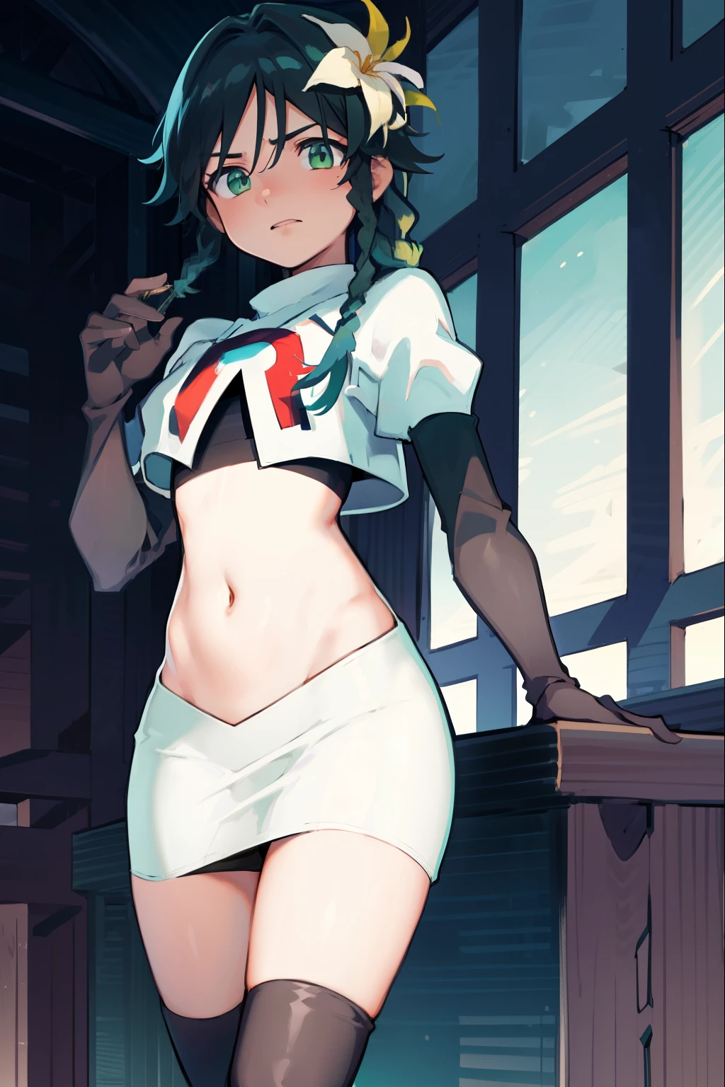 absurdres,venti,1boy, male focus, trap,black hair, green-blue hair, hair braid,hair flower,aqua green eyes,crossdressing,1boy,team rocket,team rocket uniform,white skirt,red letter R,crop top,black thigh-high boots,black elbow gloves, embarrassed