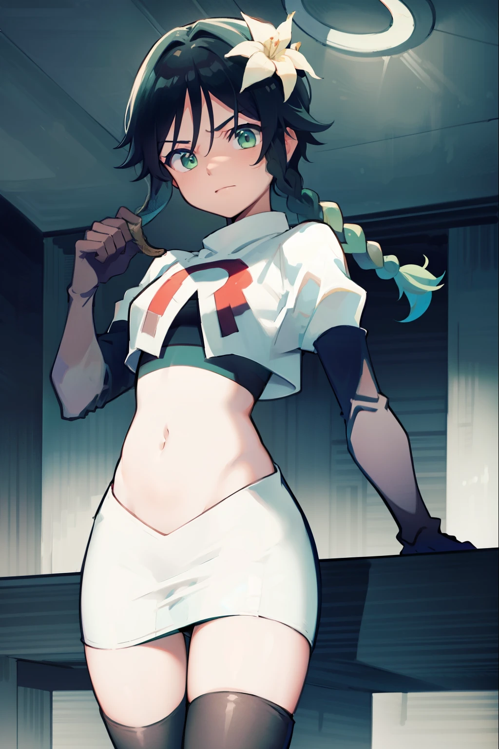 absurdres,venti,1boy, male focus, trap,black hair, green-blue hair, hair braid,hair flower,aqua green eyes,crossdressing,1boy,team rocket,team rocket uniform,white skirt,red letter R,crop top,black thigh-high boots,black elbow gloves, embarrassed