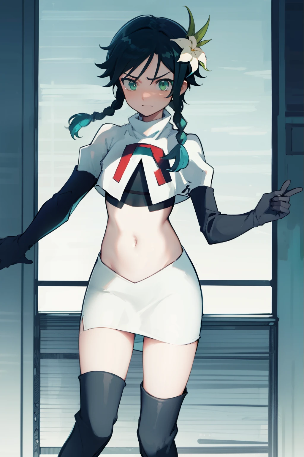 absurdres,venti,1boy, male focus, trap,black hair, green-blue hair, hair braid,hair flower,aqua green eyes,crossdressing,1boy,team rocket,team rocket uniform,white skirt,red letter R,crop top,black thigh-high boots,black elbow gloves, embarrassed