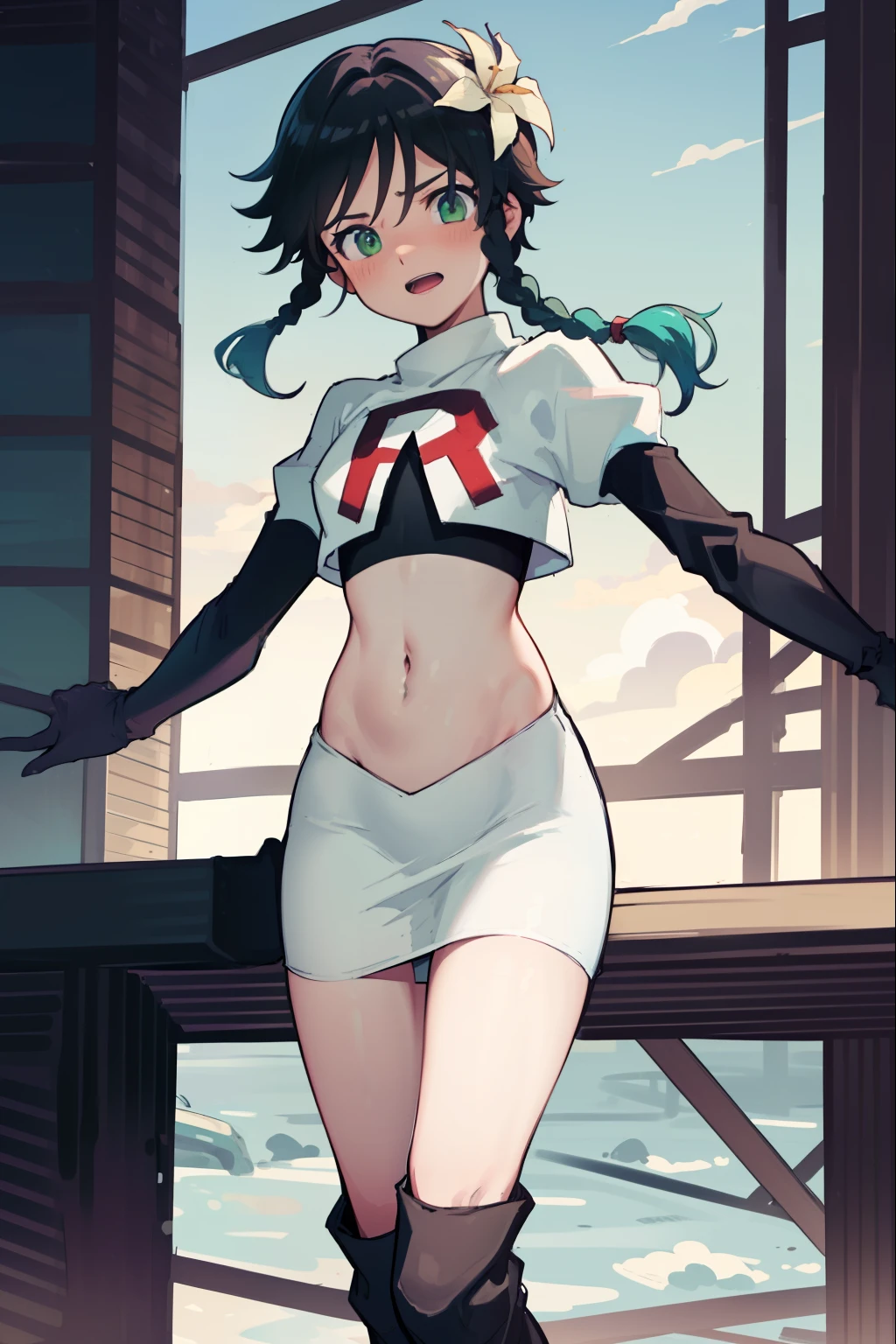 absurdres,venti,1boy, male focus, trap,black hair, green-blue hair, hair braid,hair flower,aqua green eyes,crossdressing,1boy,team rocket,team rocket uniform,white skirt,red letter R,crop top,black thigh-high boots,black elbow gloves, embarrassed