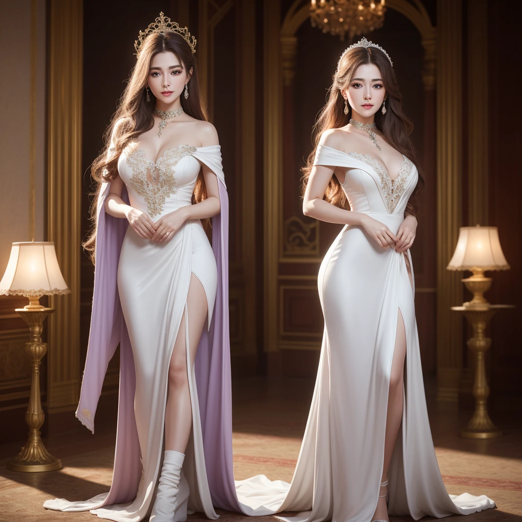Noble goddess,posing elegantly,Stately atmosphere,face to the viewer,looking to the camera,Best quality、masterpiece、A high resolution、1 girl、Porcelain white silk porcelain dress,Nice face、busty figure,hair adornments、looking at viewert、cparted lips、shift dresses、hair adornments、choker necklace、jewely、light purple long hair、pretty face、(Keep one's mouth shut),Maintain integrity,standing on your feet,Ancient mythology、Ancient palaces,Luxurious and detailed background、hentail realism、profesional lighting、edge lit、bicolor lighting、(highdetailskin:1.2)、8K, Ultra HD、Digital SLR、softlighting、high high quality,Volumetriclighting,photore,High resolution 4K,8K,blur backgroun,hight contrast,largeaperture,automatic white balance,cinematic compositions,realisticlying,(full body),long leges。