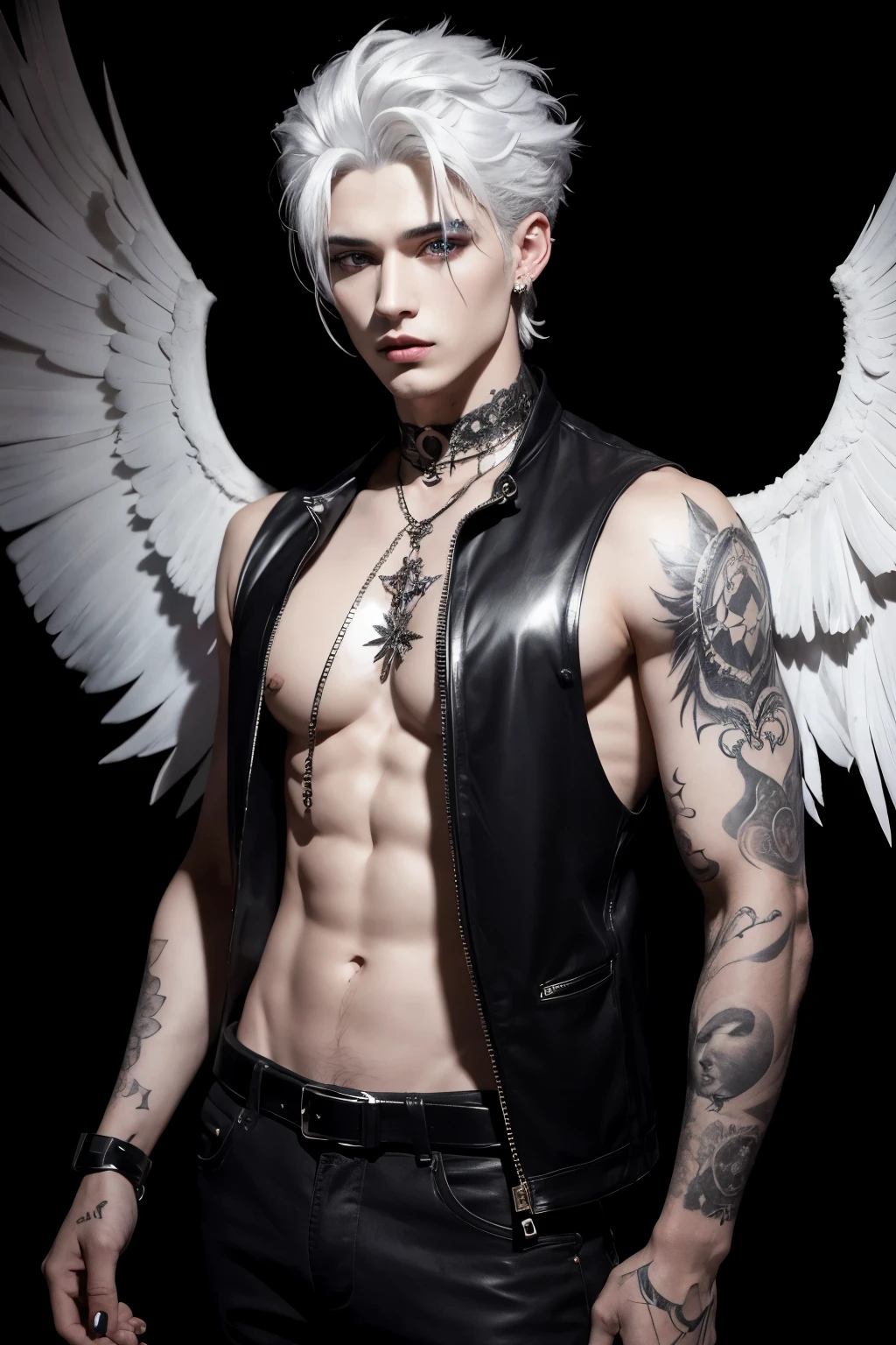 Dark angel man, handsome, 18 years old, white hair, black wings, chest with tattoos, bare arms, dark stile, on background of full moon, dark make up