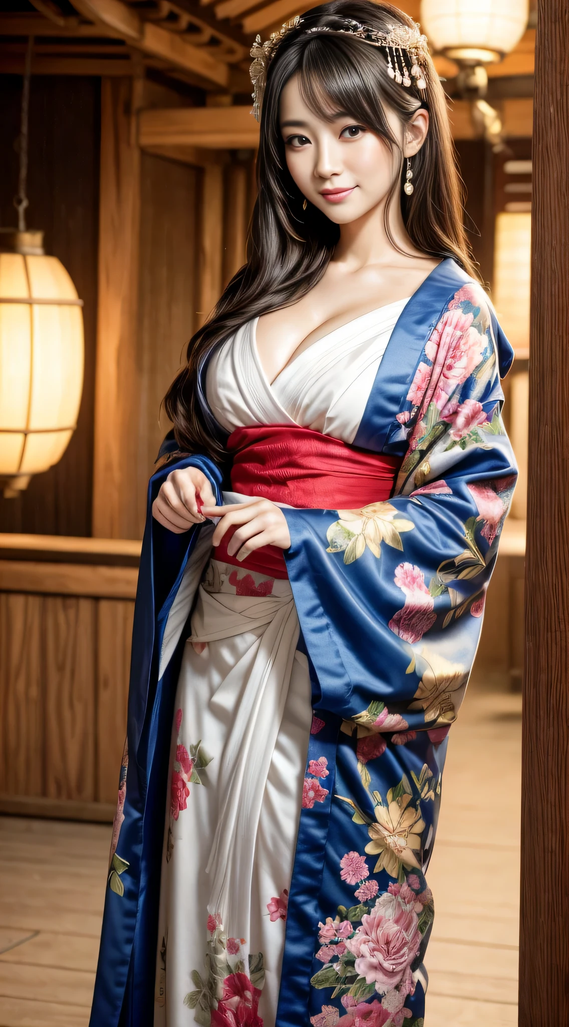 A 23-year-old geisha with sexy, flowing hair, (Photorealistic:Photorealistic, 8K Masterpiece), Short plain kimono with bright neon floral pattern, The shrine I went to for New Year&#39;s&#39;Visit in the background (hyper realisitic:Realistic and intricate details), Smiling: Features, (Texture and detailed atmosphere、Perfect litthing).Colossal tits,Emphasizes cleavage