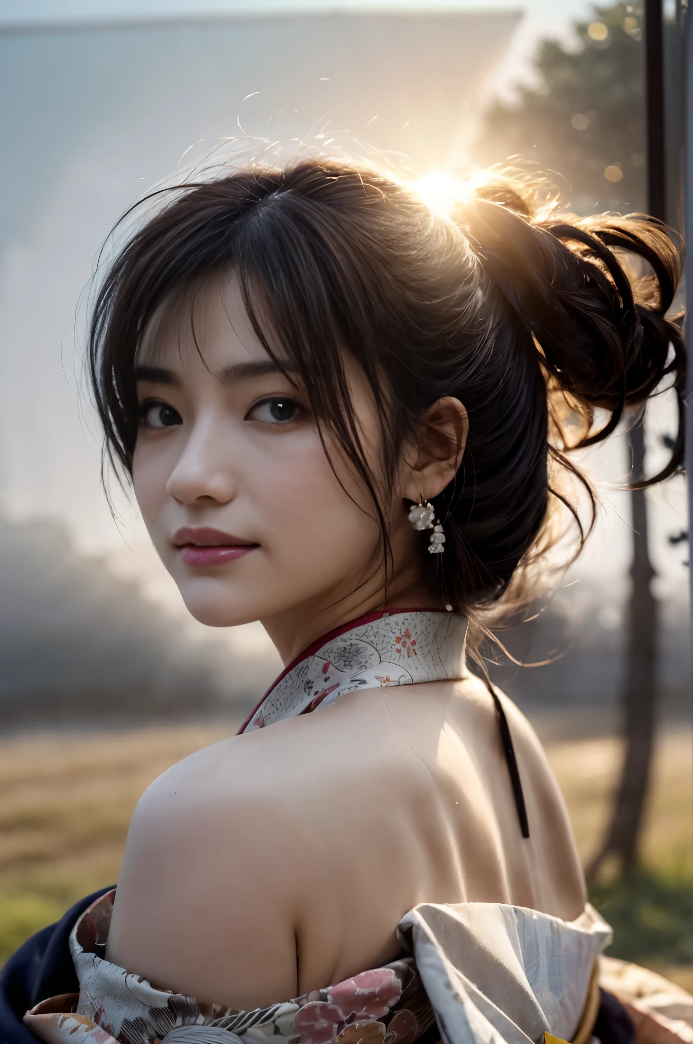 (Photoreal Stick:1.5, masutepiece:1.5, RAW shooting, 8K), (top-quality, masterpiece, 超A high resolution), morning, ((fog the lens:1.6)), ((Shoot with blur:1.7)), ((sunrises, Sunlight coming in from behind:1.8, Strong sunlight spreads across the screen:1.8)), ((Strong sunlight shines on a woman:1.9)), ((The entire screen appears white and hazy due to strong sunlight.:2.0)), ((The woman looks blurry due to the strong sunlight:2.1)), Face Sharp Focus:1.3, Professional camera work:1.3, Highly detailed skin and facial texture:1.3, Grow Light Effect, The ultra-detailliert:1.3, 1girl in, Fair skin, (Sense of clarity:1.4, a small face), Extremely beautiful face:1.5, (Sense of clarityを感じる目:0.9, looking distantly), A smile:1.0, i love you completely:0.8, (Slightly open mouth:0.4, Sense of clarityを感じる口当たり:0.7), 二重まぶた, Dark brown medium hair, necklace and earrings, (japanese kimono, off shoulders)