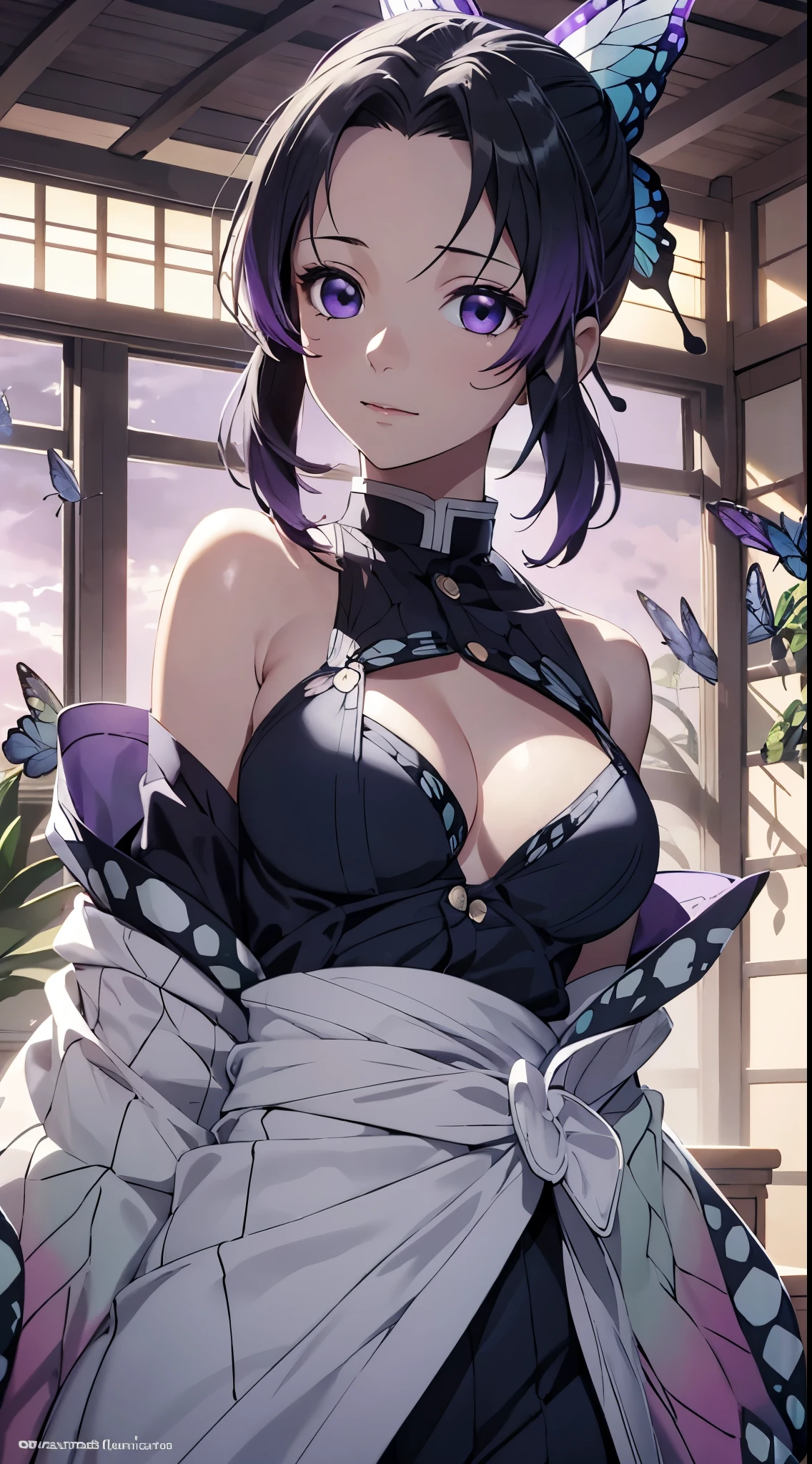 Ultra-realistic 8K CG,tmasterpiece,((Ultra detailed backgrounds,delicate patterns,Complicated detailest quality at best,very vey very detailed face,very detailed eyes and faces,Very detailed eyes,Kochou Shinobu,O cabelo multicolorido,No bangs,hair intakes,Purple eye,haori,butterflys,obi strip,(trpical garden:1.2),purple flower,mostly cloudy sky,rays of sunshine,Tyndall effect,Gradient_sky,the face,beautiful sky,Saber on the waist,captivating posture,(Large breasts:1.3),(cleavage:1.3),(Off-the-shoulder attire:1.6)