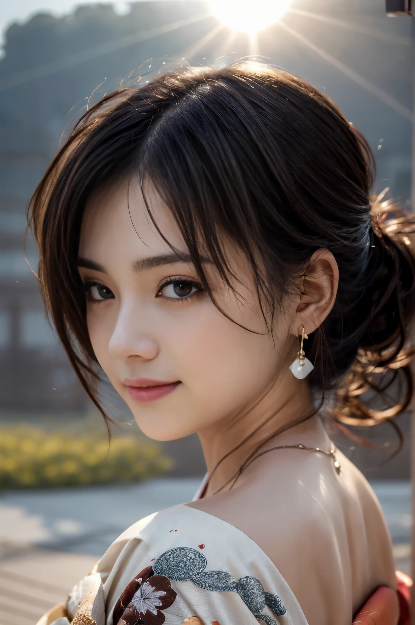 (Photoreal Stick:1.5, masutepiece:1.5, RAW shooting, 8K), (top-quality, masterpiece, 超A high resolution), morning, ((fog the lens:1.4)), ((Shoot with blur:1.5)), ((sunrises, Sunlight coming in from behind:1.6, Strong sunlight spreads across the screen:1.6)), ((Strong sunlight shines on a woman:1.7)), ((The entire screen appears white and hazy due to strong sunlight.:1.8)), ((The woman looks blurry due to the strong sunlight:1.9)), Precincts of the shrine, Face Sharp Focus:1.3, Professional camera work:1.3, Highly detailed skin and facial texture:1.3, Grow Light Effect, The ultra-detailliert:1.3, 1girl in, Fair skin, (Sense of clarity:1.4, a small face), Extremely beautiful face:1.5, (Sense of clarityを感じる目:0.9, looking distantly), A smile:1.0, i love you completely:0.8, (Slightly open mouth:0.4, Sense of clarityを感じる口当たり:0.7), 二重まぶた, Dark brown medium hair, necklace and earrings, (japanese kimono, off shoulders)