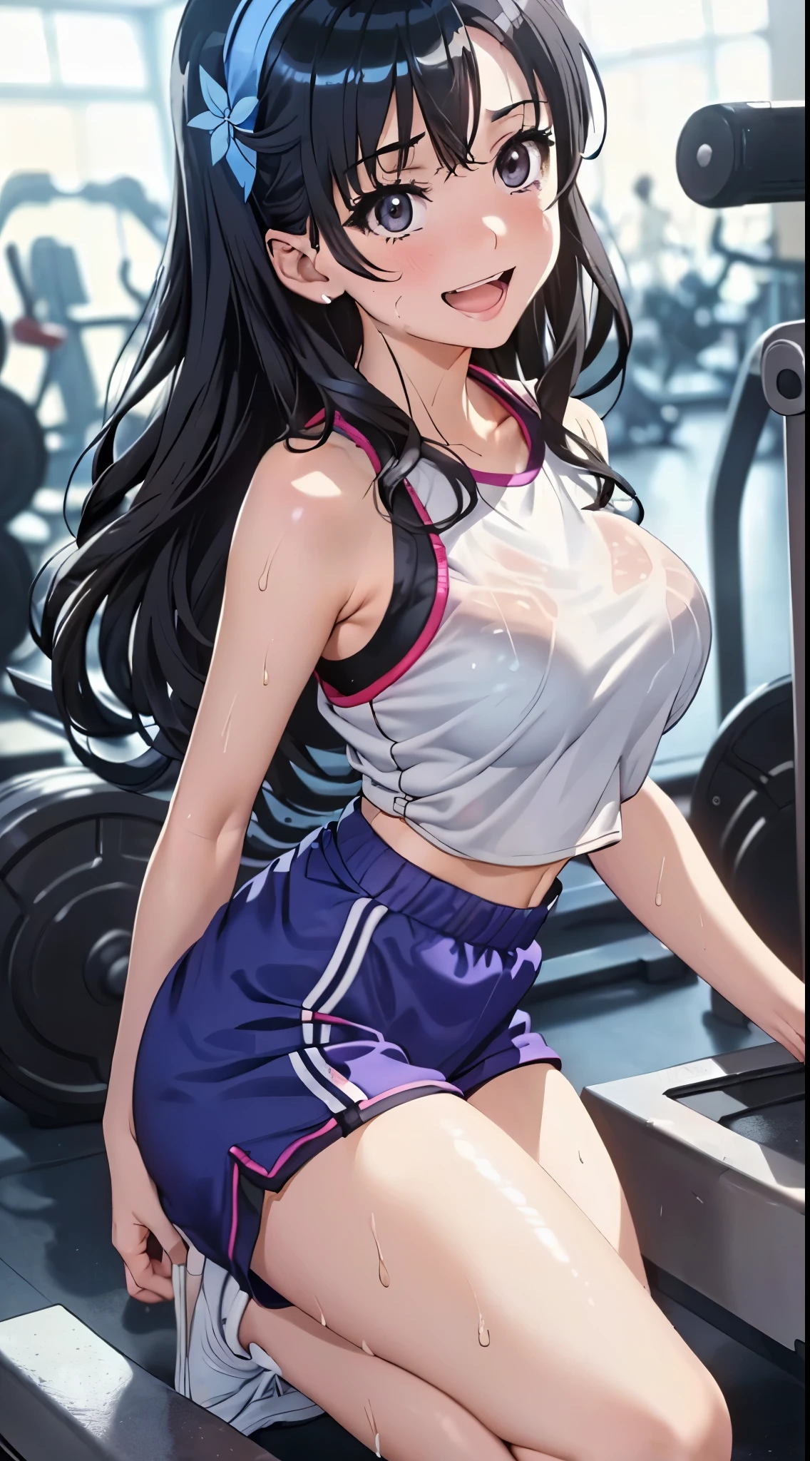 1womanl,Black hair, beautiful breasts,(((Sexy white and blue shiny gym clothes and short cheeks、Smile with open mouth)),(((Satin Narico))),((( portlate))),Crowds,Shiny white and blue gym clothes and shorts,Wet with sweat,crouching down