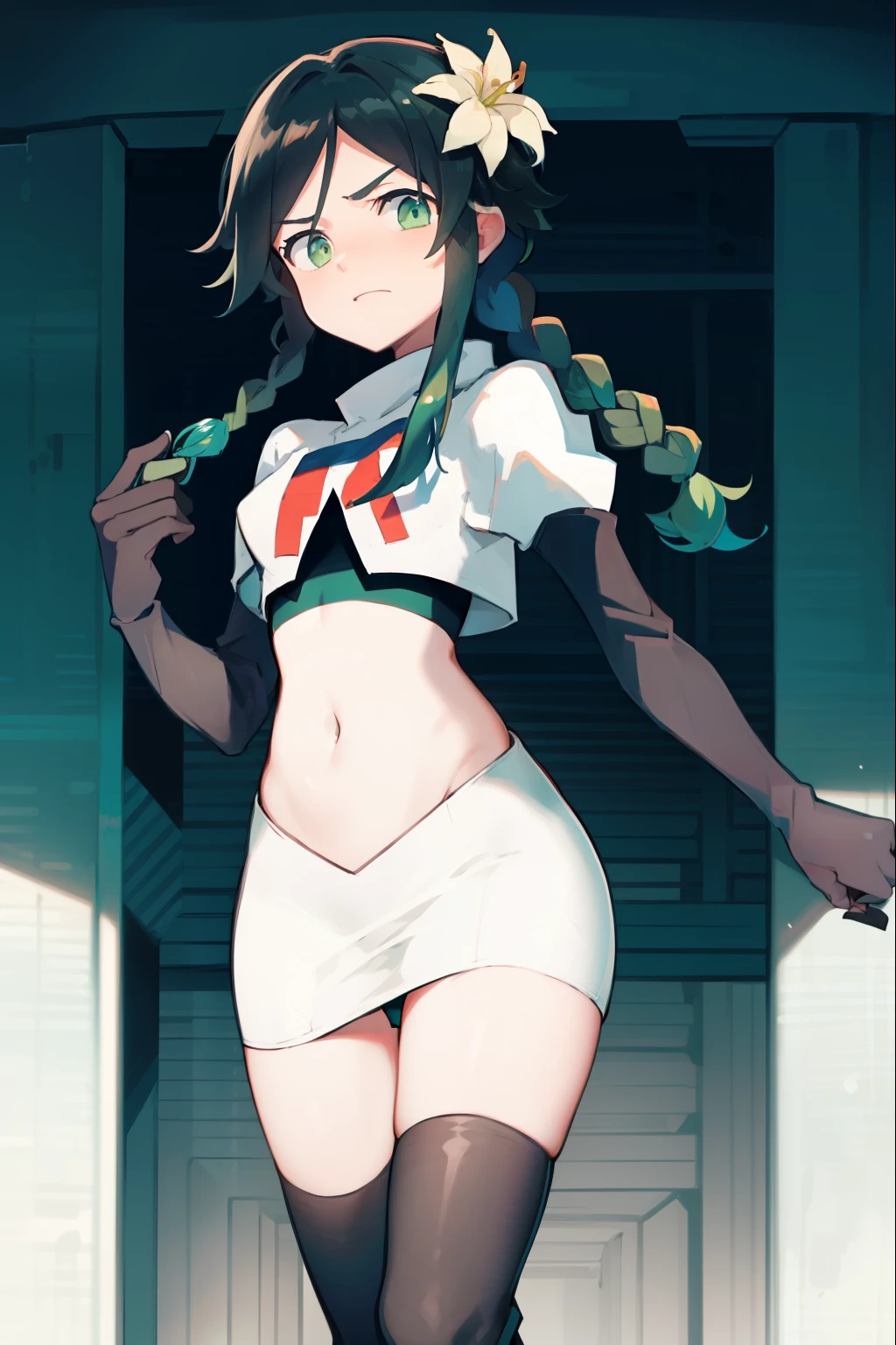 absurdres,venti,1boy, male focus, trap,black hair, green-blue hair, hair braid,hair flower,aqua green eyes,crossdressing,1boy,team rocket,team rocket uniform,white skirt,red letter R,crop top,black thigh-high boots,black elbow gloves, embarrassed, blush