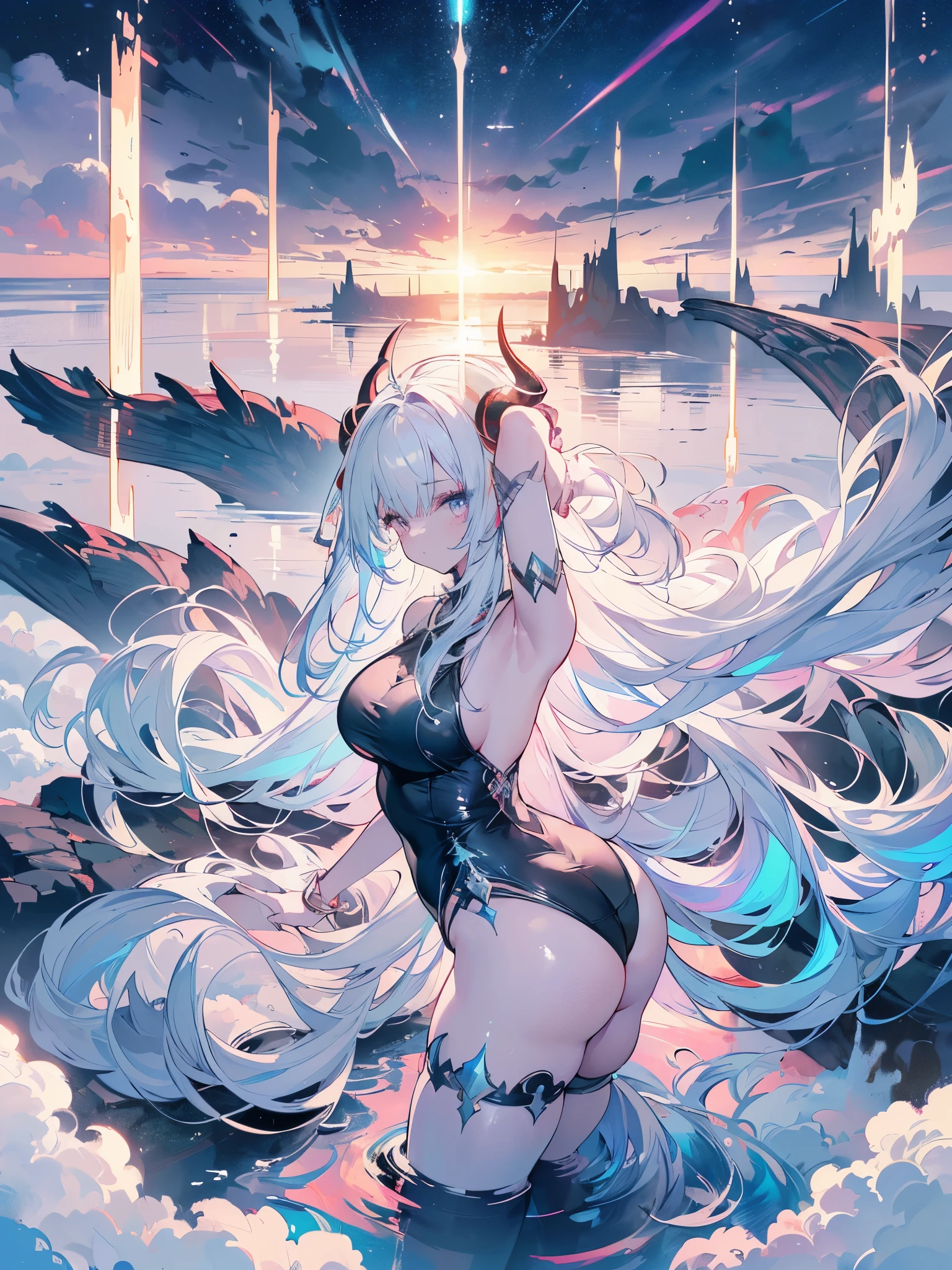 a demon girl floating on the sea water, very long hair, white hair with bluish highlights, thick lips, expression of serenity, (((large curved horns, in the pose of Christ, cloudy and night))), small round breasts, big booty, strong thighs, {extremely detailed 16k CG unit wallpaper}, expansive landscape photography, (a low view with focus on the character, and setting), (wide open field view), (angled shot low), (high light: 1.4), (low light: 1.4), (warm light source: 1.5), complex details, (iridescent colors: 1.4), (bright lighting), (atmospheric lighting), dreamy, unique, dark, perfect reflections