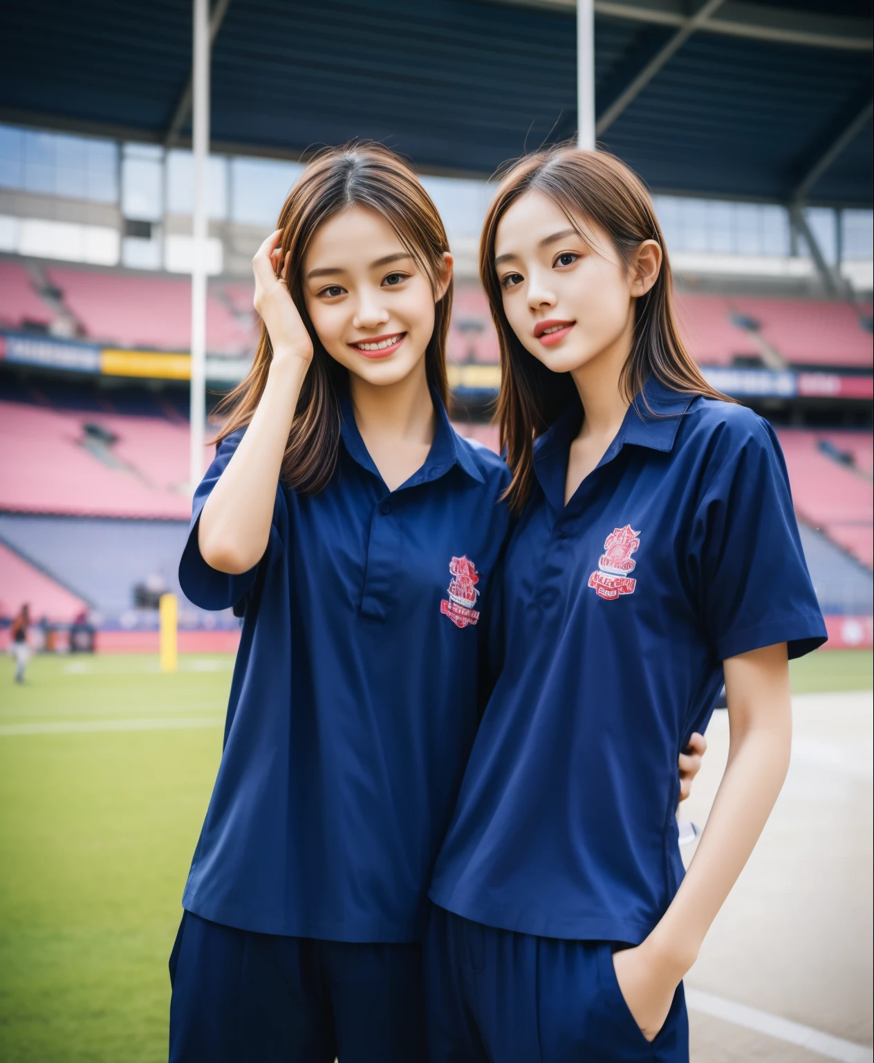 (bestquality,10,10,highres,masterpiece:1.2),ultra-detail,(Realistic,ภาพRealistic,photo-realistic:1.37),1 Cute girl in the football field,oily shiny skin,bara,light smile,BDclothelue shirt:1.3)),short sleeves,shirt, trousers.,(navy_long_ติดตามtrousers:1.1), ((Stadium Background:1.3)),dynamic angle,excited,face focus,Dynamic Poses,from behide,Ass Focus,masterpiece, bestquality, ultra realistic, hyper-detail, 8k resolution, RAW photo, crisp focus, ((Navy blue shirt:1.1)), short sleeves, เส้นทางlong, Complete bodyแบบ, 2 mature women, 18yo, cinematic light,trousersวอร์มสีน้ําเงิน,Gymware,Correct anatomy,Complete body, Correct body, sharp face, Correct bodyทางกายวิภาค, full entire body, Realistic gestures, long-haired, Realistic poses,Wear long shorts..............................,ช่วงขาlong,Shapely,Sculpting Girl, Slender Figure, mannequin mannequins, Shapely, Beautiful body,trousersวอร์มสีน้ําเงิน, Two girls kissing
