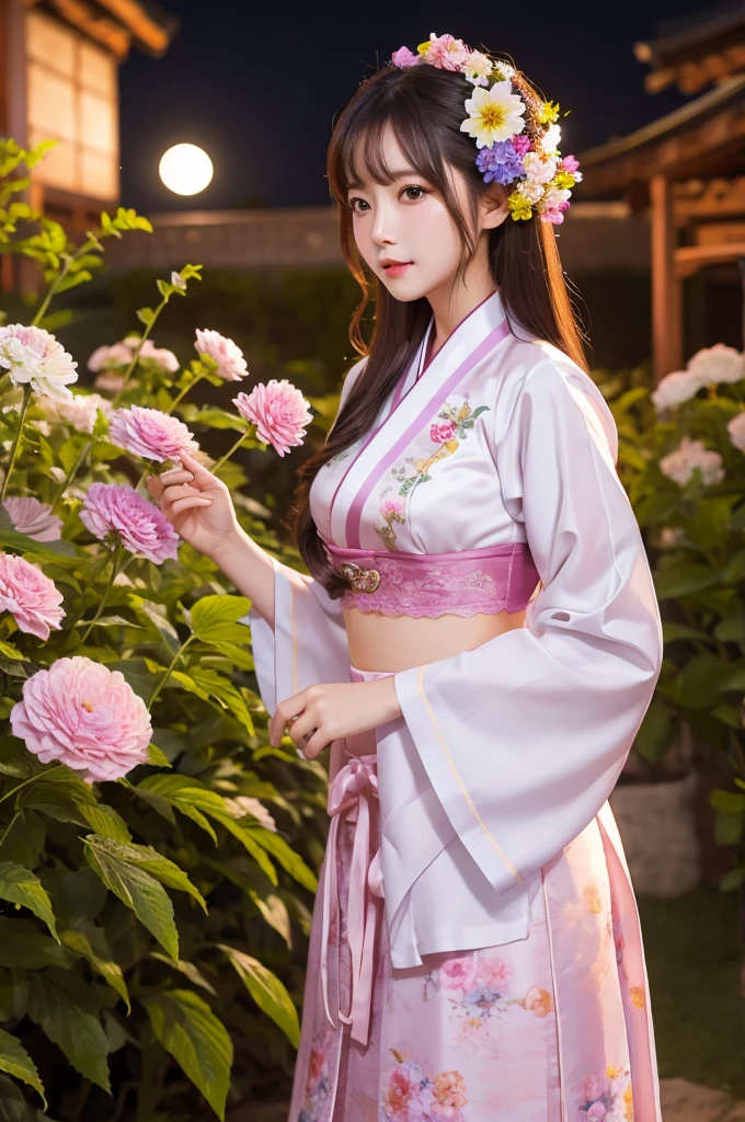 Best Quality, high_resolution, Distinct_image, Detailed background ,girl, hanbok,flower,garden,Moon, Night,sexy bra