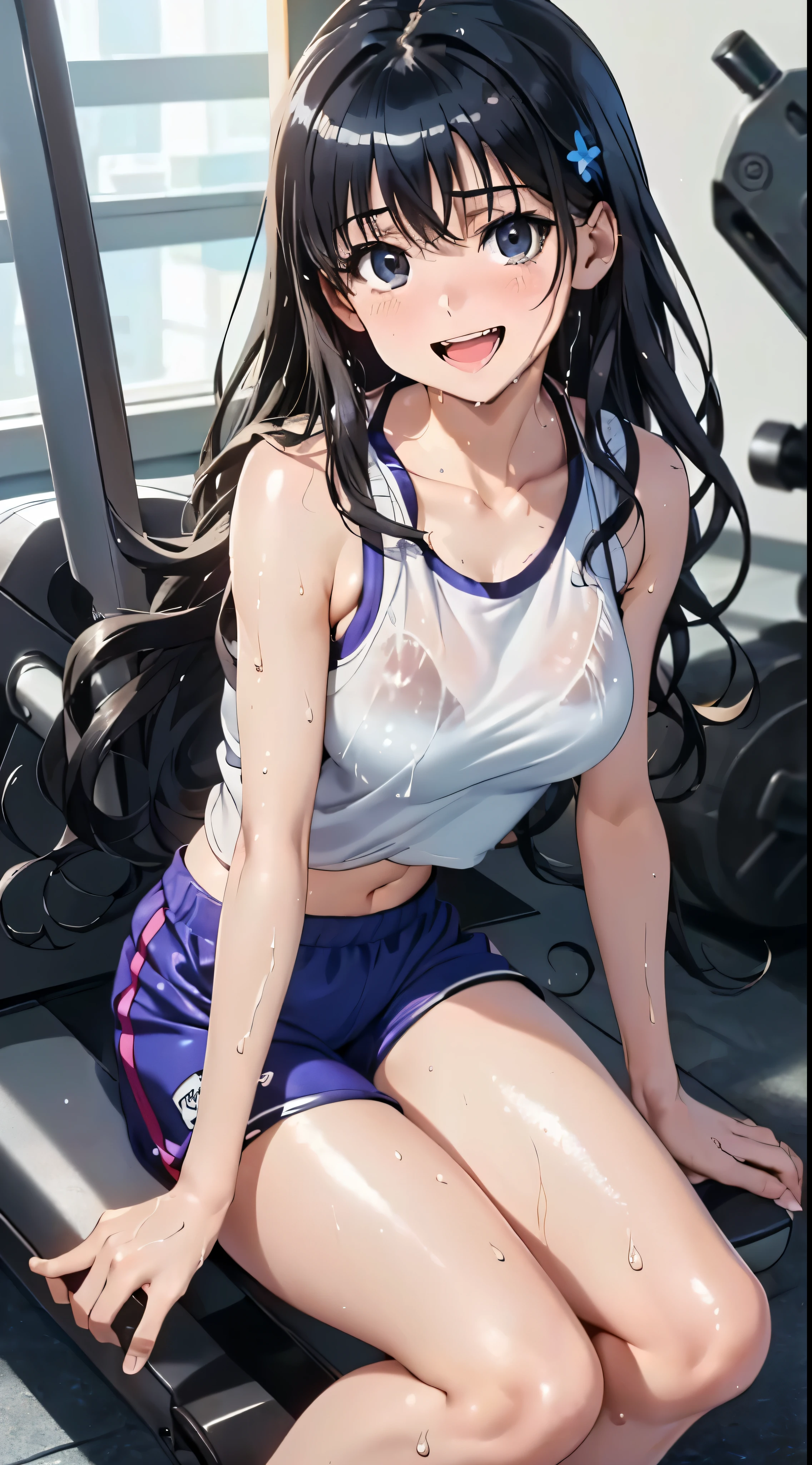 1womanl,Black hair, beautiful breasts,(((Sexy white and blue shiny gym clothes and short cheeks、Smile with open mouth)),(((Satin Narico))),((( portlate))),Crowds,Shiny white and blue gym clothes and shorts,Wet with sweat,crouching down