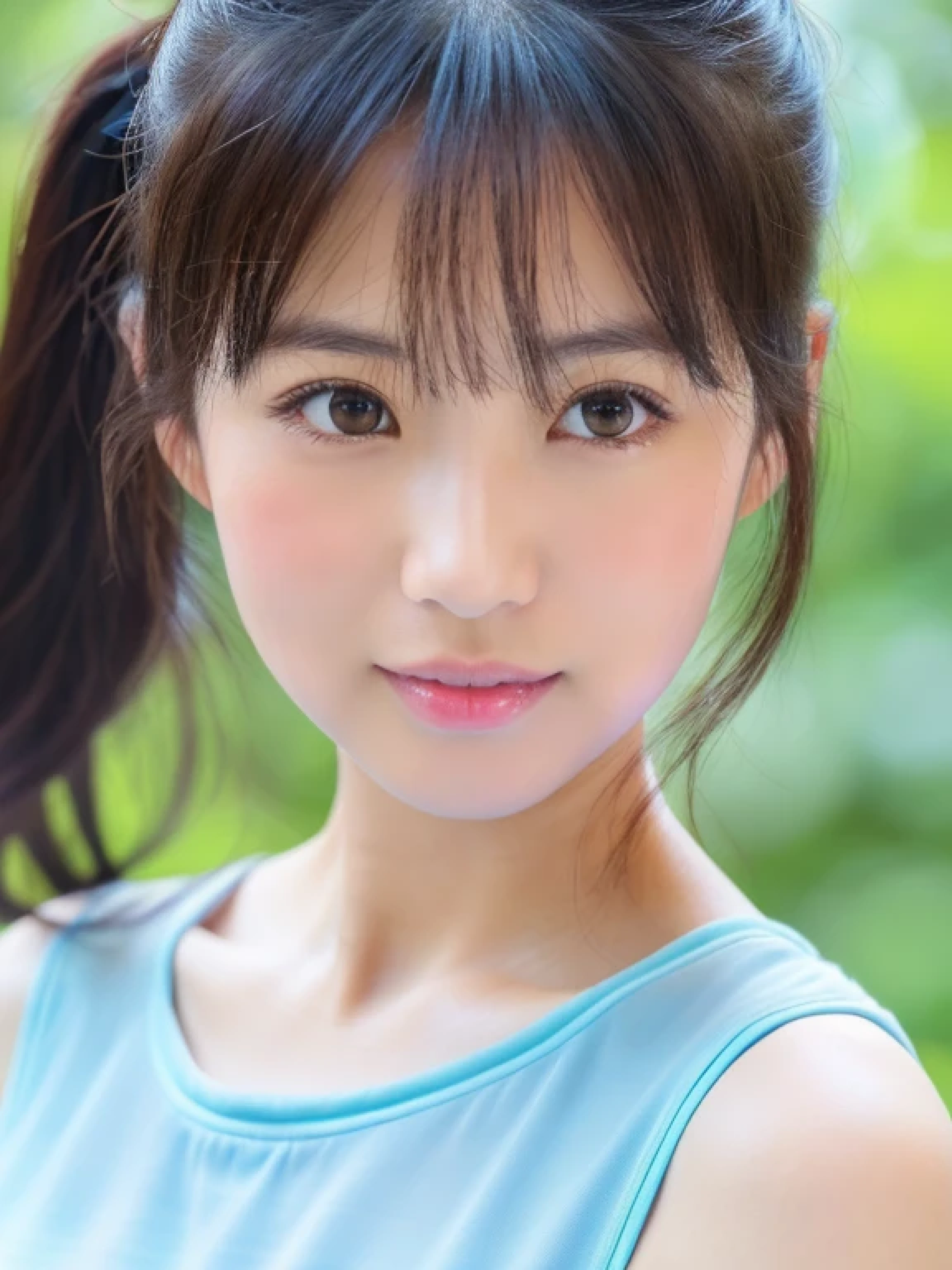 ((cute little日本の女の子、Beautiful japanese girl、1 girl in、Unclear、age19、poneyTail、Highly detailed facial and skin texture、refinement、hyperdetailed face、ultradetailed eyes、blusher、blush、teak、ピンクのteakを塗った頬、Blue Eyeshadow、close-up of woman、bustup、frontageを向いている顔、frontageを向いている体、Looking at the camera、frontage、cute little、smooth white skin、Transparent skin texture、))、(dark brown hair、bangss)、Beautiful Women in Perfect Style:1.4、Japanese Models、Young gravure idols、若いcute littleグラビアアイドル、Realistic Young Gravure Idol、refinementされたグラビアアイドル、((top-quality、in 8K、masterpiece:1.3、1Photo))、(4K、RAW Photography、top-quality)、(reallistic、フォトreallistic:1.37)、Place a person on the other side of the screen、natural soft light、upper body and head、