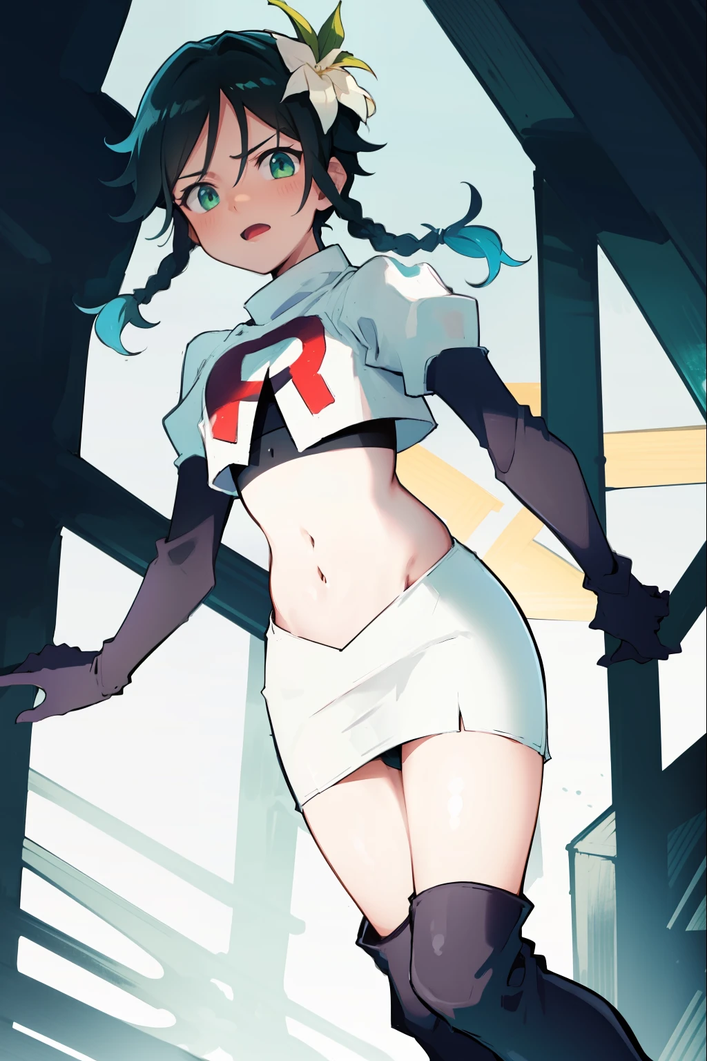 absurdres,venti,1boy, male focus, trap,black hair, green-blue hair, hair braid,hair flower,aqua green eyes,crossdressing,1boy,team rocket,team rocket uniform,white skirt,red letter R,crop top,black thigh-high boots,black elbow gloves, embarrassed, blush