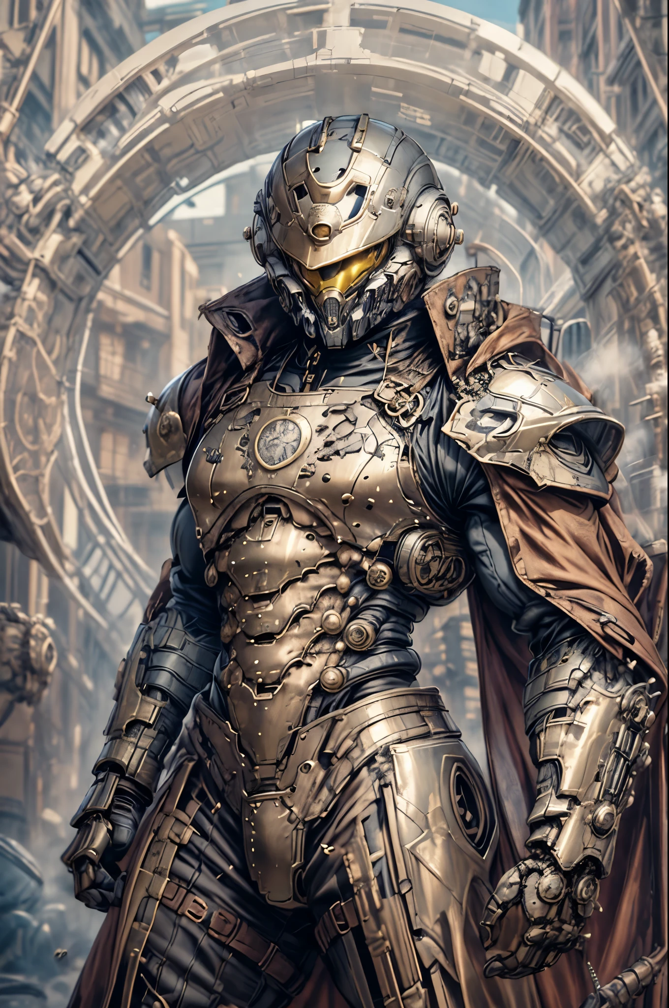 (((An epic and visually stunning digital anime masterpiece featuring a sylphlike masculine ((male:1.5)) decorated military steampunk cyborg soldier clad in a sleek yet tactical armored yet decorated leather military trench coat:1.2))), (((flat masculine male chest:1.5, mechanical knight full head helmet, mecha knight helmet with a narrow visor:1.5))), (((the character adorned in a (scifi tactical armored open front trench coat with a built in exoskeleton:1.5) (over a form fitted armor plated yet super sleek and revealing under suit with waist cut outs:1.3), the armor is beautifully engraved:1.4))), ((thin and sleek feminine male with a thin waist:1.2)), The image showcases the intricacies of the character’s armor and clothing:1.5, ((capturing their flamboyant essence and heavy mecha aesthetic:1.2)). The character also possesses an androgynous charm, (((with slim heavily ripped physique:1.2, sylphlike with a sleek waist, toned yet slim and beautifully sleek cybernetic arms:1.3, mechanical arms and legs:1.3, mecha muscles:1.3))), looking at viewer, (((brass metal armor and brown leather, dieselpunk:1.3))), (((depth of field, cinematic lighting, chromatic aberration, ray tracing, UHD, masterpiece, top of head covered, super detail, high details, high quality, award winning, 8k, highres)))