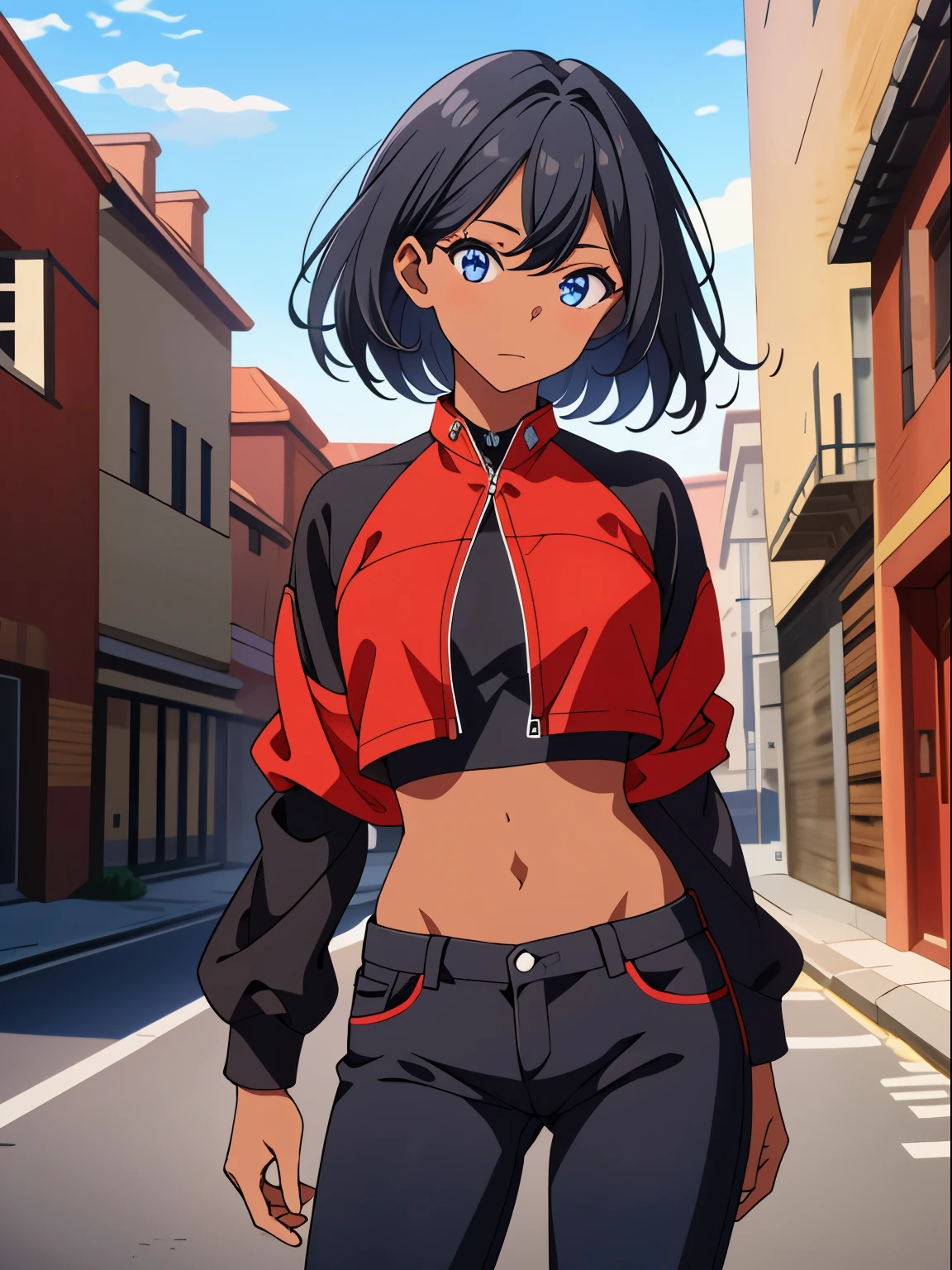 dreamy, (masterpiece), best quality, ( appearance), 1girl, Black short hair, amazing, beautiful detailed eyes, blue eyes, fine details, depth of field, extremely detailed CG, ((Black skin)), red jacket, black pants, medium breasts, 8k,(RAW photo, best quality), (beautiful composition, coherent:1.3), best quality, ultra high res, masterpiece, extremely detailed, 8k wallpaper, cinematic lighting, beautiful detailed eyes, extremely detailed eyes and face, perfect anatomy, 1girl, solo,(high detailed skin:1.2), beautiful (skinny:0.8), (black skin:0.2), (Strong body:1.0), loose shirt, Looking at viewer, street background