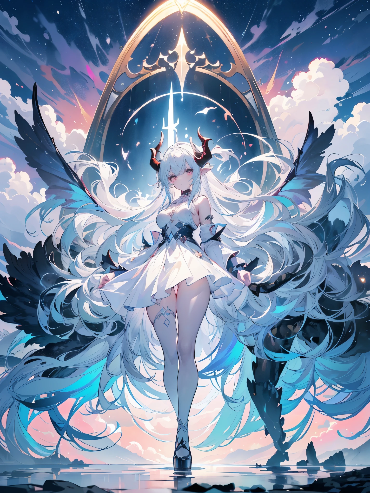 a demon girl floating on the sea water, very long hair, white hair with bluish highlights, thick lips, expression of serenity, (((large curved horns, in the pose of Christ, cloudy and night))), small round breasts, big booty, strong thighs, {extremely detailed 16k CG unit wallpaper}, expansive landscape photography, (a low view with focus on the character, and setting), (wide open field view), (angled shot low), (high light: 1.4), (low light: 1.4), (warm light source: 1.5), complex details, (iridescent colors: 1.4), (bright lighting), (atmospheric lighting), dreamy, unique, dark, perfect reflections