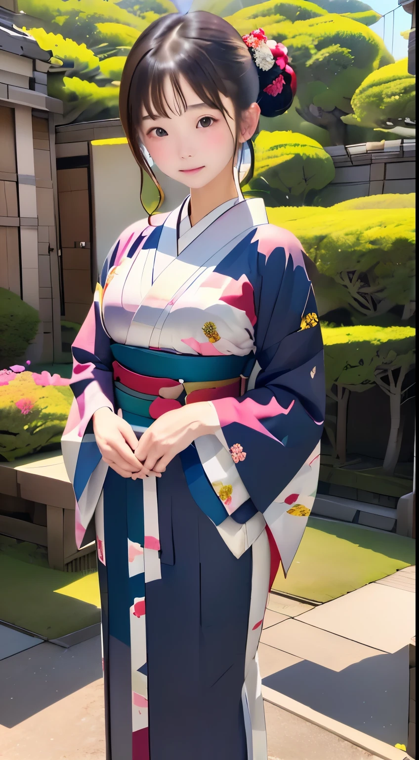 ((8k wallpaper of extremely detailed CG unit, masterpiece, hight resolution, top-quality, top-qualityのリアルテクスチャスキン)), ((a very beautiful woman, Detailed eyes、Plump lips, The upper part of the body, Japanese pattern haori,)), (messy black hair, de pele branca, Small),very correct posture、A heavy kimono with a beautiful pattern、Elegant kimono、 ((colorful wall with geometric pattern, Japanese pattern wall, , butterflys, florals)), hyper realisitic, digitial painting,