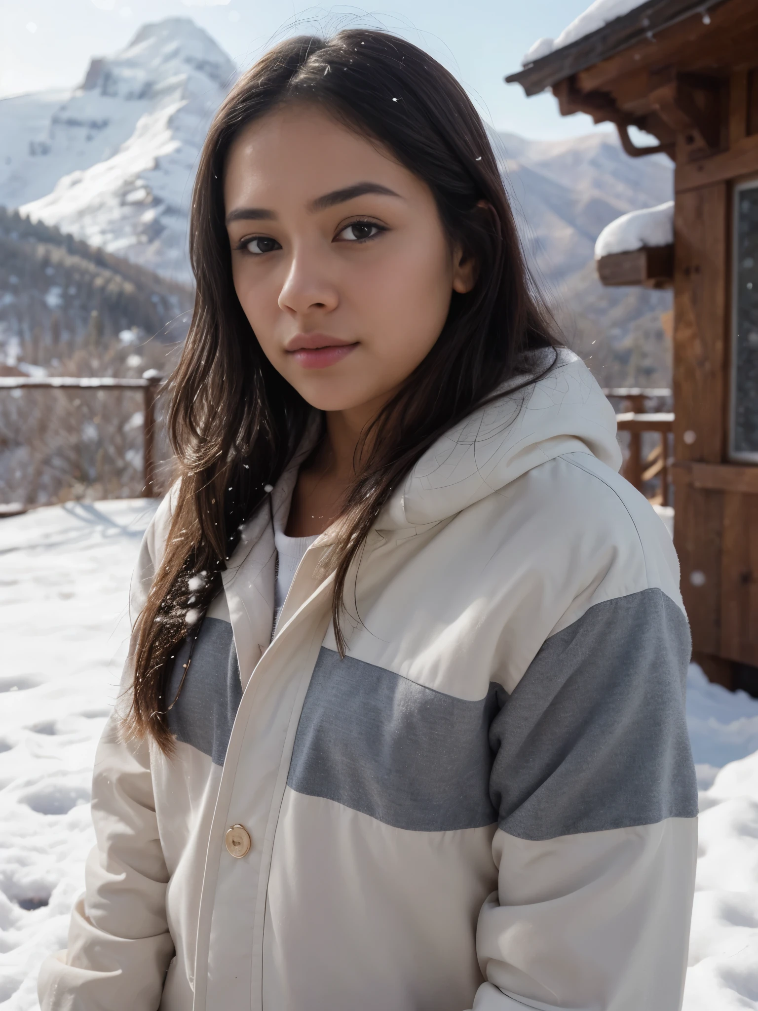 photorealistic, best quality, hyper detailed, Tala, cute Hawaiian girl, very short, skinny, long dark hair, curvy, lips closed, thoughtful expression, detailed face, detailed lips, best shadow, RAW, instagram LUT, snowing, winter in the mountains, warm clothes, snow in hair, evening, sunset, perfect face, detailed face, detailed eyes, perfect eyes, mouth closed, rosy cheeks