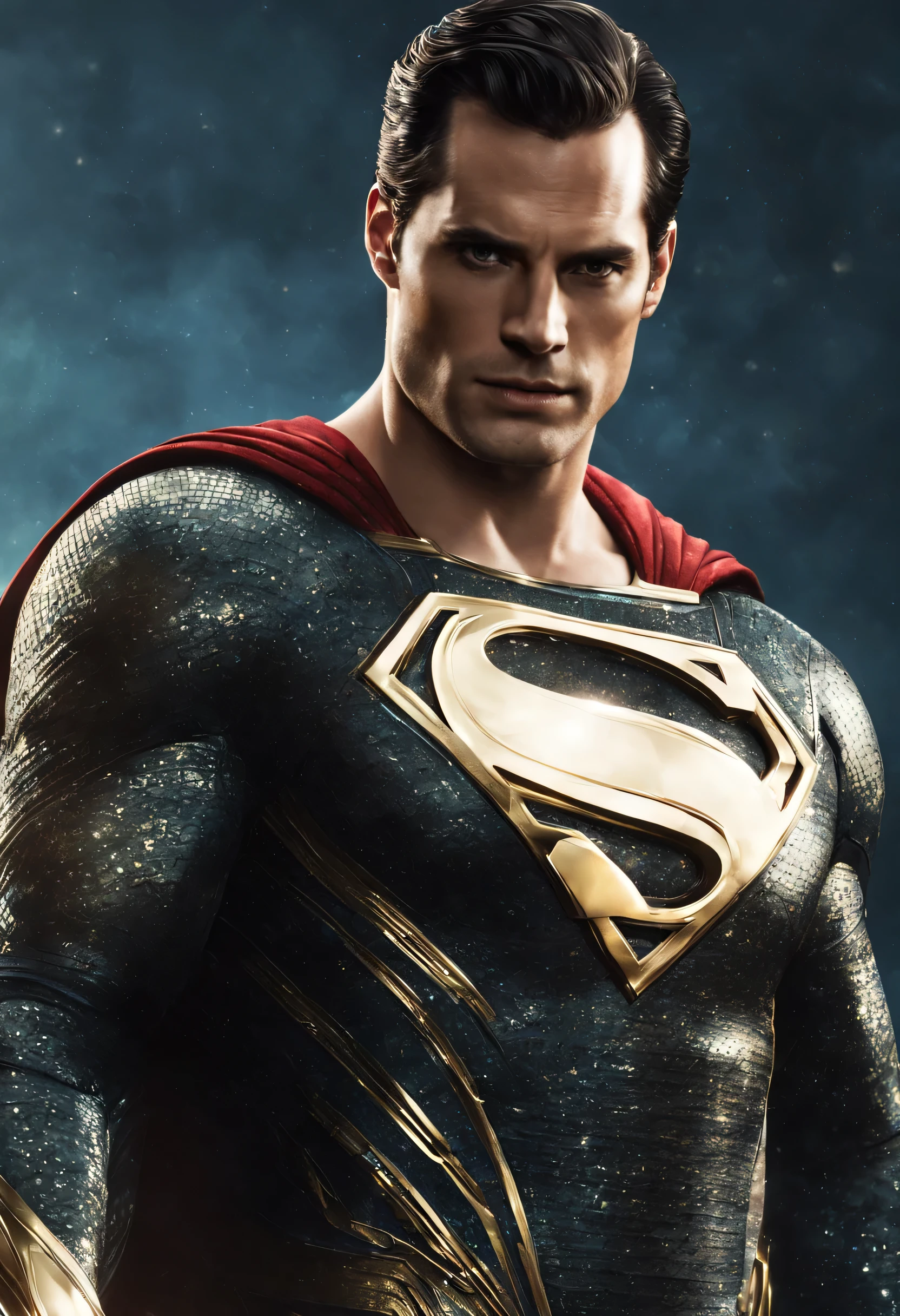 An image of Henry Cavill&#39;s Superman in a shiny metallic outfit with gold tones, em estilo de arte conceitual