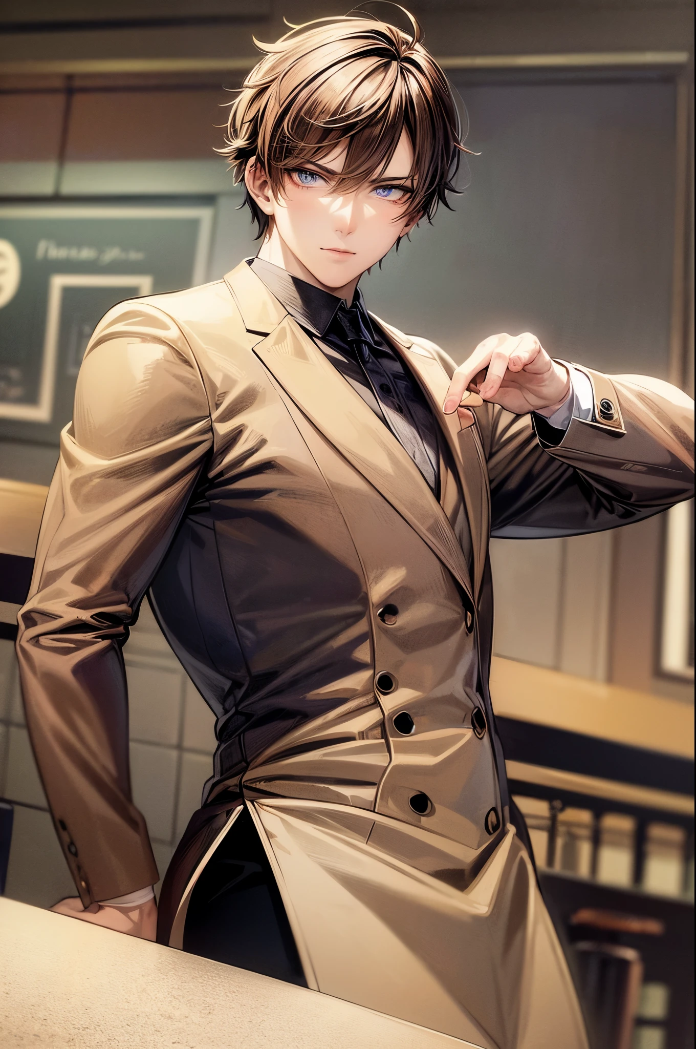 (flat color:1.1),(masterpiece:1.2), best quality, masterpiece, original,short brown hair, (handsome anime male looking at the camera at a bar:1.2), wearing a formal casual outfit