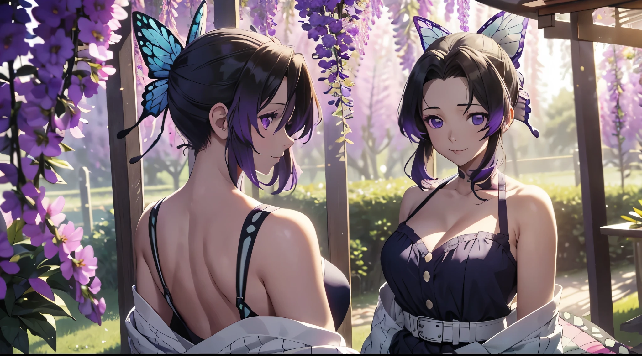 Ultra-realistic 8K CG，tmasterpiece，（（Ultra detailed backgrounds，delicate patterns，Complicated detailest quality at best，very vey very detailed face，very detailed eyes and faces，Very detailed eyes，Kochou Shinobu，O cabelo multicolorido，No bangs，hair intakes，Purple eye，haori，butterflys，obi strip，（trpical garden：1.2），purple flower，mostly cloudy sky，rays of sunshine，Tyndall effect，Gradient_sky，the face，beautiful sky，Saber on the waist，captivating posture，（Large breasts:1.3)，（cleavage:1.3)，（Off-the-shoulder attire:1.6)