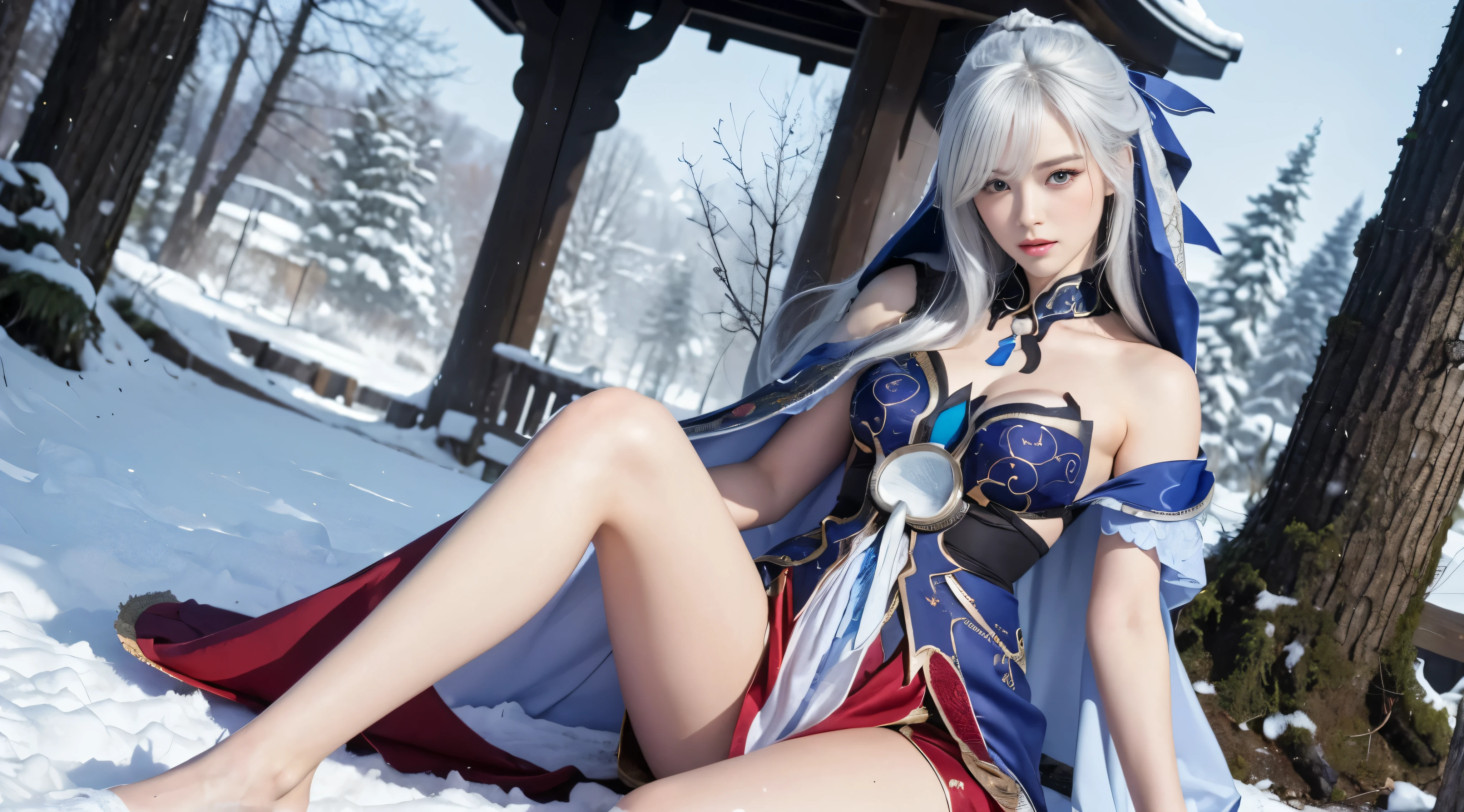 Jingliu, Photorealistic, high resolution, 1 Women, Solo, Hips up,(****ta costume)， Beautiful eyes, White hair, ringed eyes, (Sit，Cloak，snowfield)，((spread their legs))