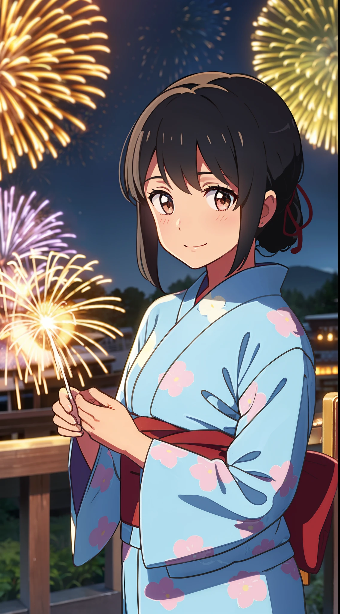 shinkai makoto, kimi no na wa., 1girl, bangs, black hair, blush, brown eyes, red bow, red ribbon, smile, cute, beautiful, blue kimono, blue dress, floral print, japanese clothes, blue yukata, looking at viewer, night, night sky, outdoors, print kimono, summer festival, Amusement park, aerial fireworks, fireworks, dynamic lights