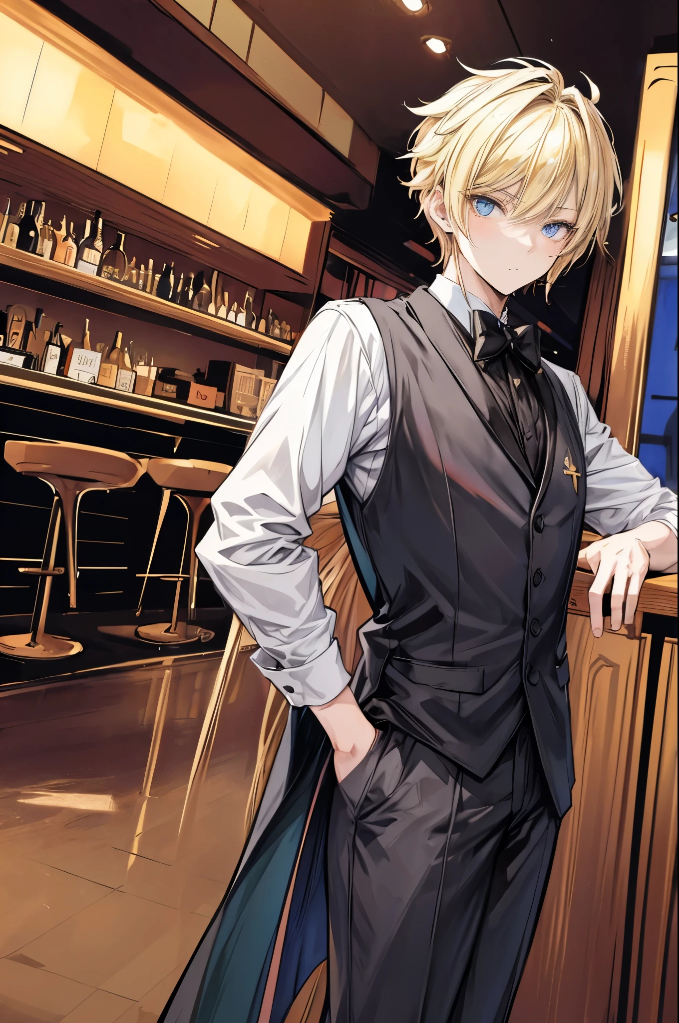 (flat color:1.1),(masterpiece:1.2), best quality, masterpiece, original,short neat blonde hair, (handsome anime male looking at the camera at a bar:1.2), wearing a formal casual outfit