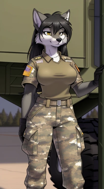 by Rick Griffin, Rick Griffin, (((anthro wolf, woman, antrum, extremely detailed, extremely detailed legs, extremely detailed arms, extremely detailed face, perfectly detailed eyes, perfectly detailed anatomy))): 1.2, solo, ((1woman)), perspective, curved thighs, curvature, (tail), ((standing on tarmac)), midday, ((medium breasts)), ((long shaggy black hair)), ((toned)), ((fluffy fur)) ((camouflage BDU shirt)), ((camouflage BDU pants)), ((combat boots)), ((grey fur)), ((Military truck))