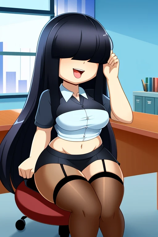 (Hair over eyes), Sitting in office chair at desk, inside office cubicle, black hair, long hair, solo, female, Caucasian human, best quality, masterpiece, long bangs, wide hips, stockings, short skirt, tight shirt, open mouth,(:p)