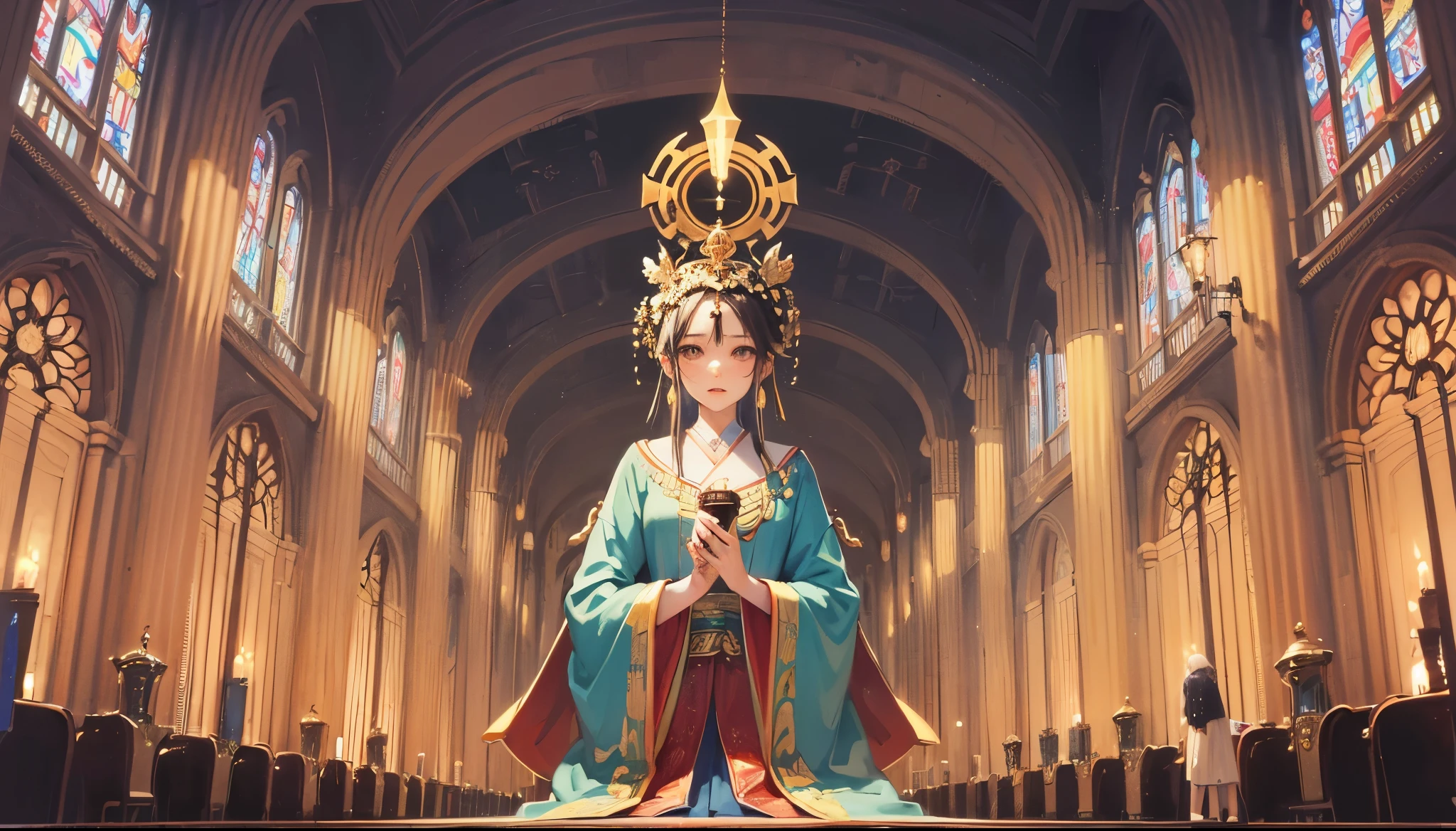 People who practice,male people,in big scene,stupa,temple,Incense,Flowing clotheurning incense candle,,There are phoenixes,There are gods --auto --s2