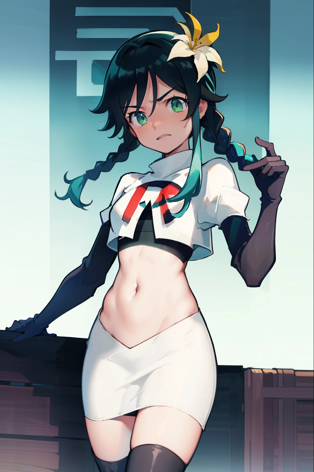 absurdres,venti,1boy, male focus, trap,black hair, green-blue hair, hair braid,hair flower,aqua green eyes,crossdressing,1boy,team rocket,team rocket uniform,white skirt,red letter R,crop top,black thigh-high boots,black elbow gloves, embarrassed, blush