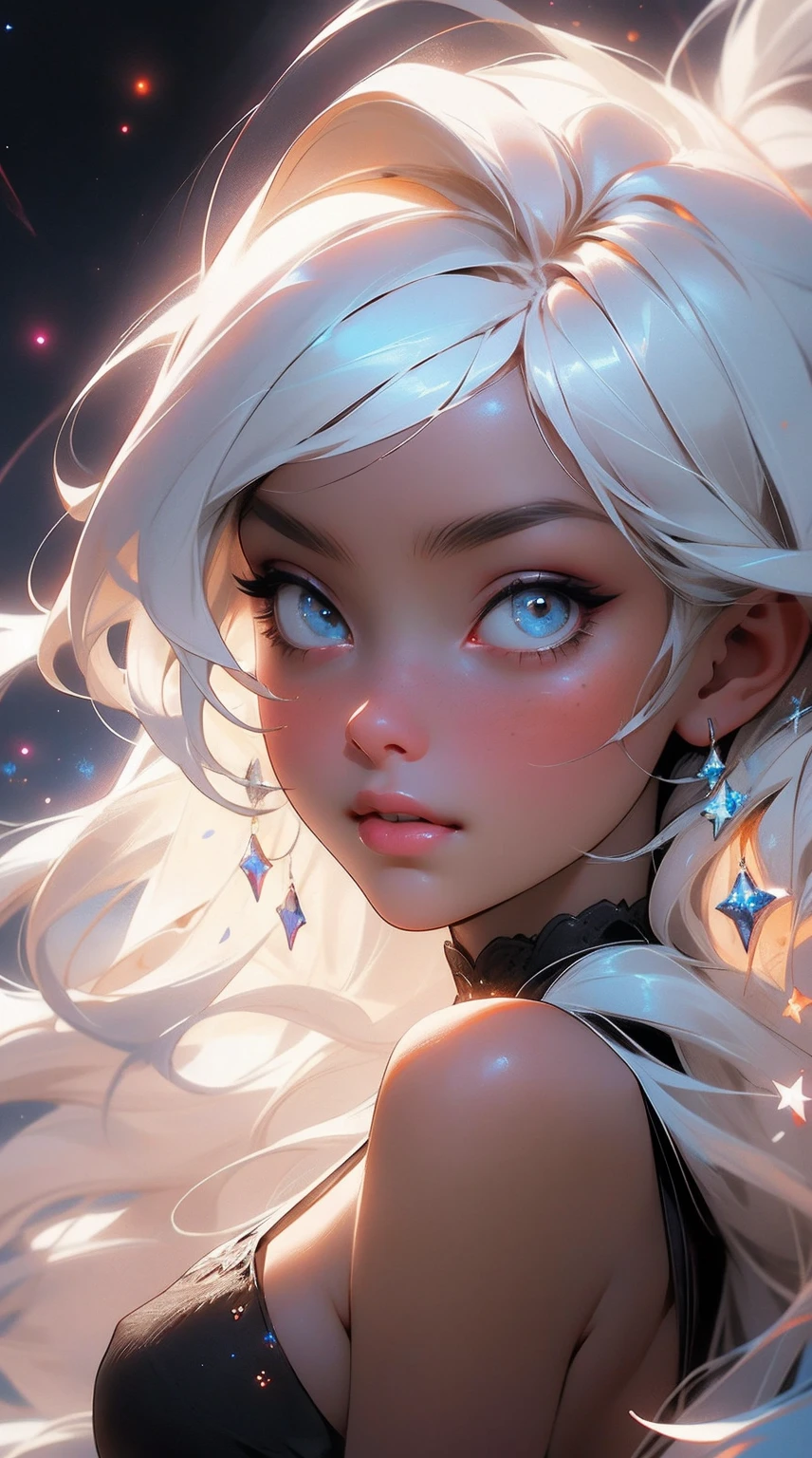 {-erro_de_anatomia:1.0}(Masterpiece - Ultra-Detailed, High Resolution) a woman, beautiful star, long straight hair, white hair, cordial black dress, with stars around her, white stars , no nudity, large breasts, beautiful body, beautiful face, sweetness, close up face, portrait, looking ahead