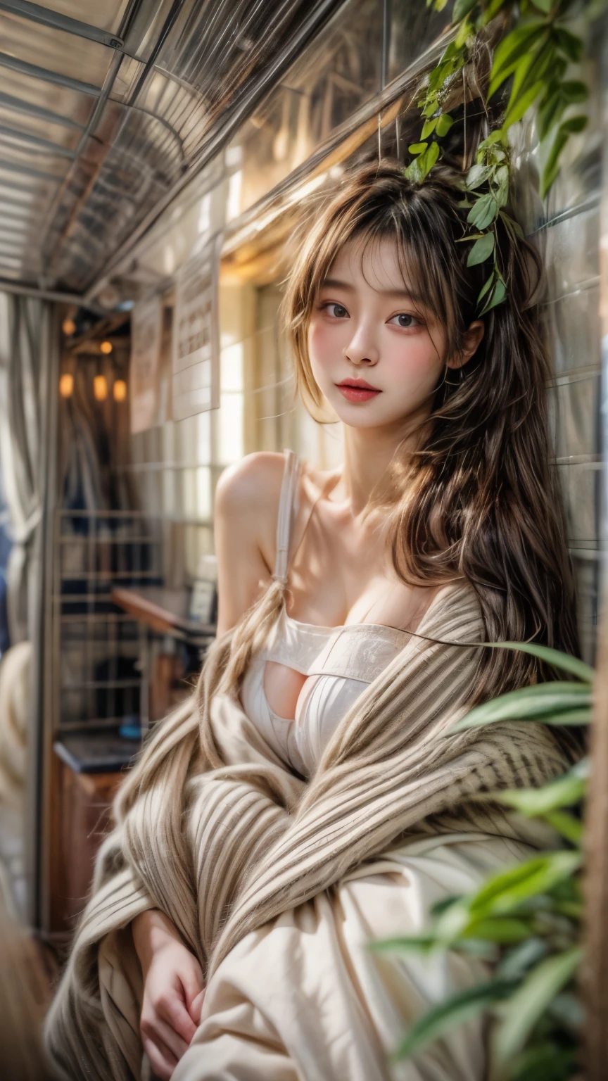 ​masterpiece、8K、32K、top-quality、(A detailed eye)、(A cute Japanese woman、bangss:1.3)、23years old、1 girl in、elegent、(undergarment:1.1)、a plant、(gigantic cleavage breasts:1.2)、Sit up、(A dark-haired:1.4)