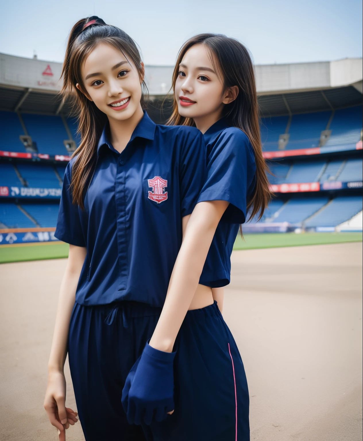 (bestquality,10,10,highres,masterpiece:1.2),ultra-detail,(Realistic,ภาพRealistic,photo-realistic:1.37),1 Cute girl in the football field,oily shiny skin,bara,light smile,BDclothelue shirt:1.3)),short sleeves,shirt, trousers.,(navy_long_ติดตามtrousers:1.1), ((Stadium Background:1.3)),dynamic angle,excited,face focus,Dynamic Poses,from behide,Ass Focus,masterpiece, bestquality, ultra realistic, hyper-detail, 8k resolution, RAW photo, crisp focus, ((Navy blue shirt:1.1)), short sleeves, เส้นทางlong, Complete bodyแบบ, 2 mature women, 18yo, cinematic light,trousersวอร์มสีน้ําเงิน,Gymware,Correct anatomy,Complete body, Correct body, sharp face, Correct bodyทางกายวิภาค, full entire body, Realistic gestures, long-haired, Realistic poses,Wear long shorts..............................,ช่วงขาlong,Shapely,Sculpting Girl, Slender Figure, mannequin mannequins, Shapely, Beautiful body,trousersวอร์มสีน้ําเงิน, Two girls kissing
